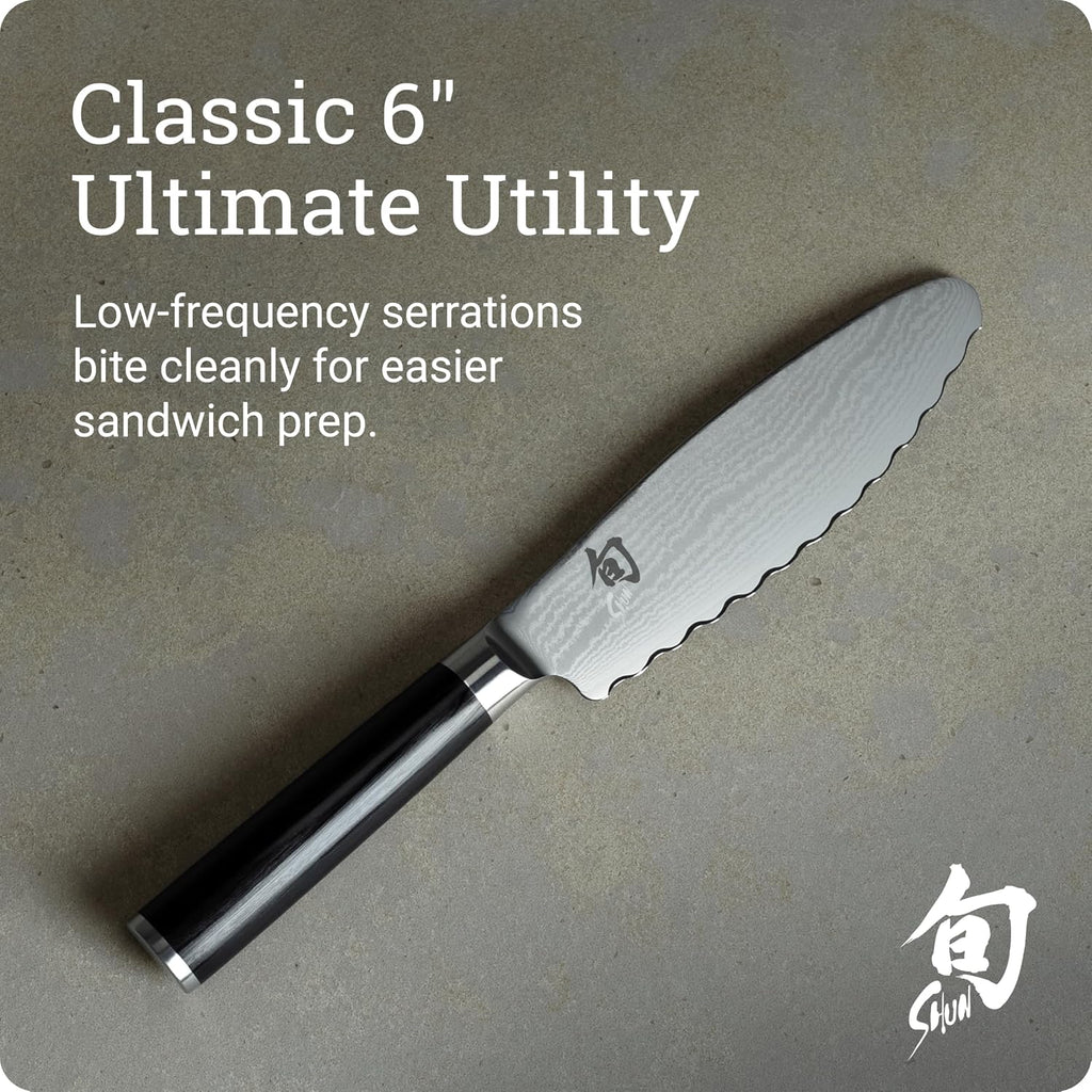 Shun Classic 6' Ultimate Utility Knife, Handcrafted Japanese Knife, VG-MAX Core with Damascus Stainless Steel Cladding, Pakkawood Handle, Precision and Sharpness for Professional and Home Chefs