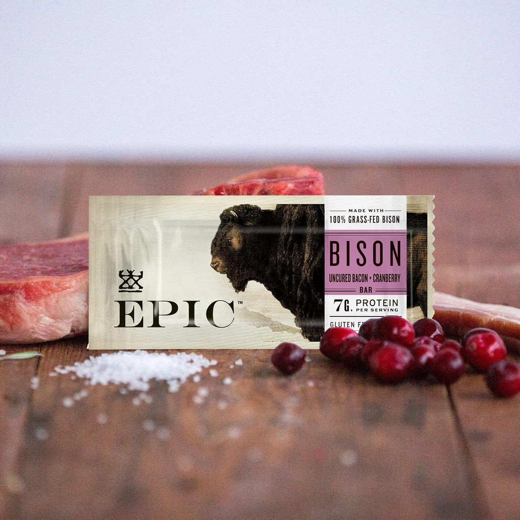 EPIC Bison Uncured Bacon and Cranberry Bars, Grass-Fed, Protein Bar, 12 Ct, 15.6 oz (Pack of 4)