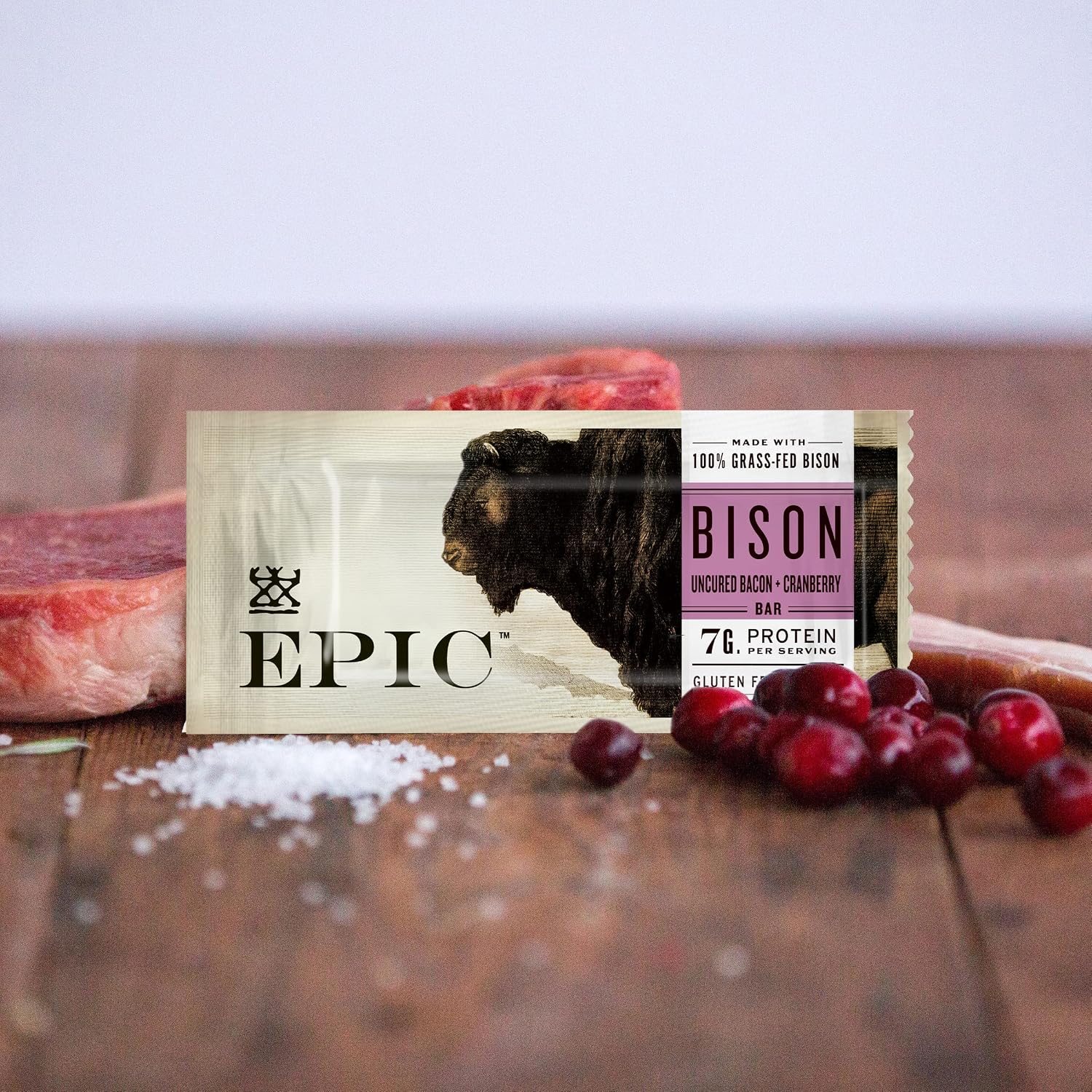 EPIC Bison Uncured Bacon and Cranberry Bars, Grass-Fed, Protein Bar, 12 Ct, 15.6 oz (Pack of 4)