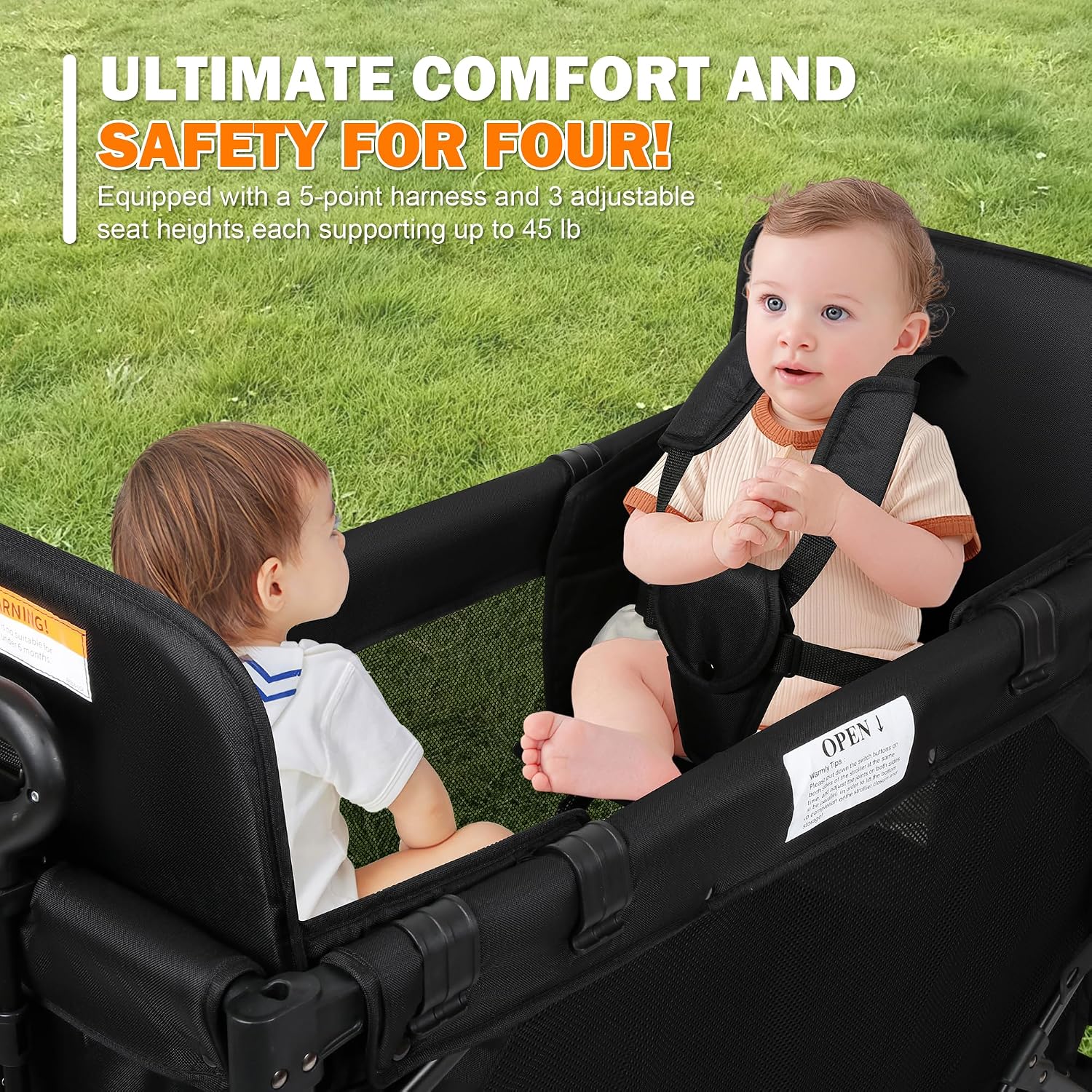 Wagon Stroller for 2 Kids, High Seat & 5 Point Harness, Foldable All-Terrain Wagon for Toddler with Canopy, Parent Organizer, Shoulder Bag, Adjustable Handlebar, Ultimate Double (Black, W2-M)