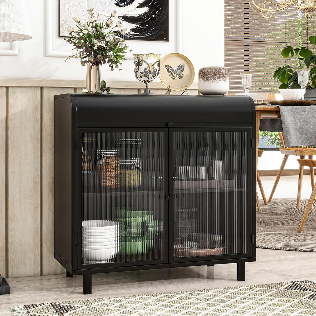 Metal Storage Cabinet Black with Glass Doors, Durable Metal Frame Storage with Tempered Glass Doors & Shelves Ideal for Dining Kitchen Living Room Entryway for Organized Space (Product L)