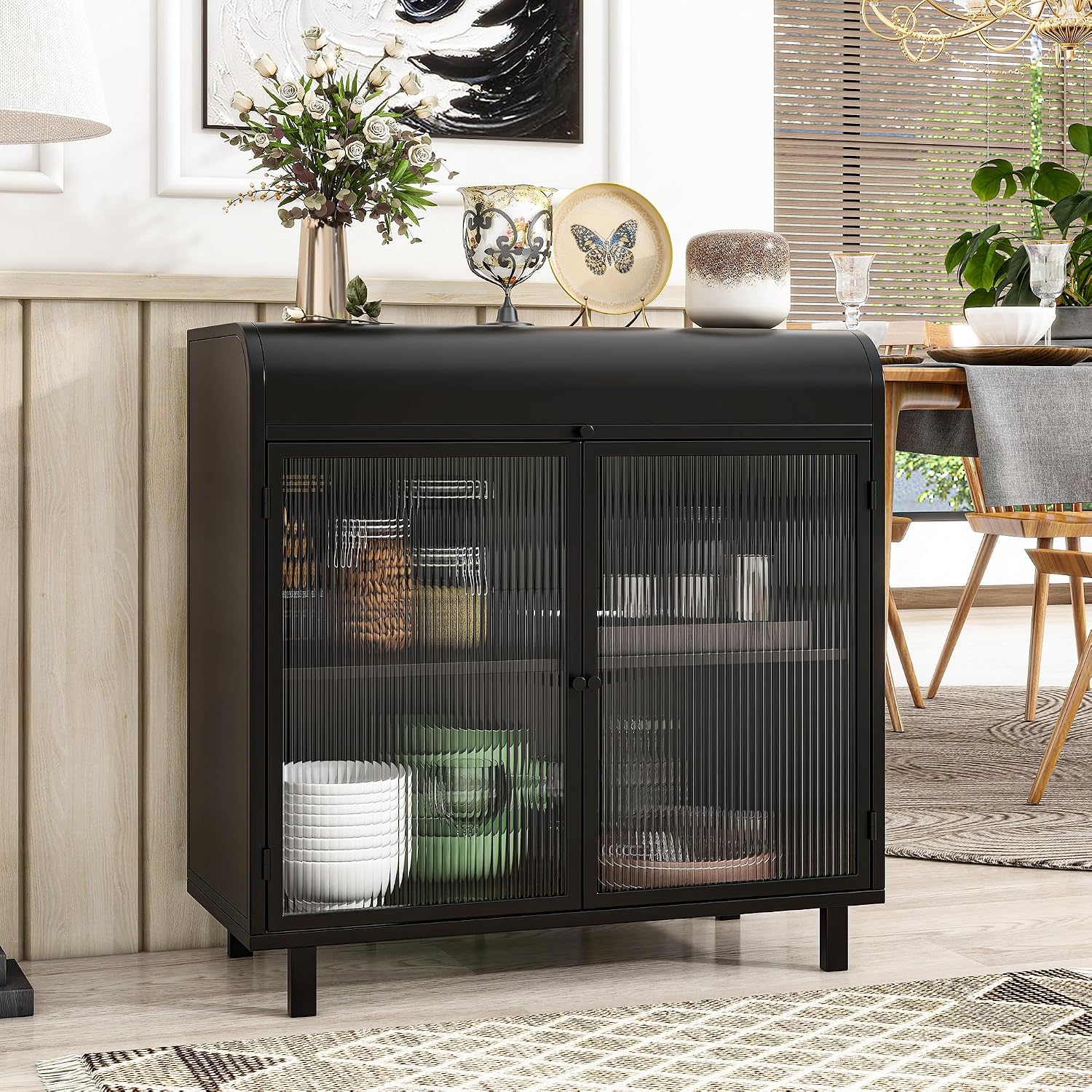 Metal Storage Cabinet Black with Glass Doors, Durable Metal Frame Storage with Tempered Glass Doors & Shelves Ideal for Dining Kitchen Living Room Entryway for Organized Space (Product L)
