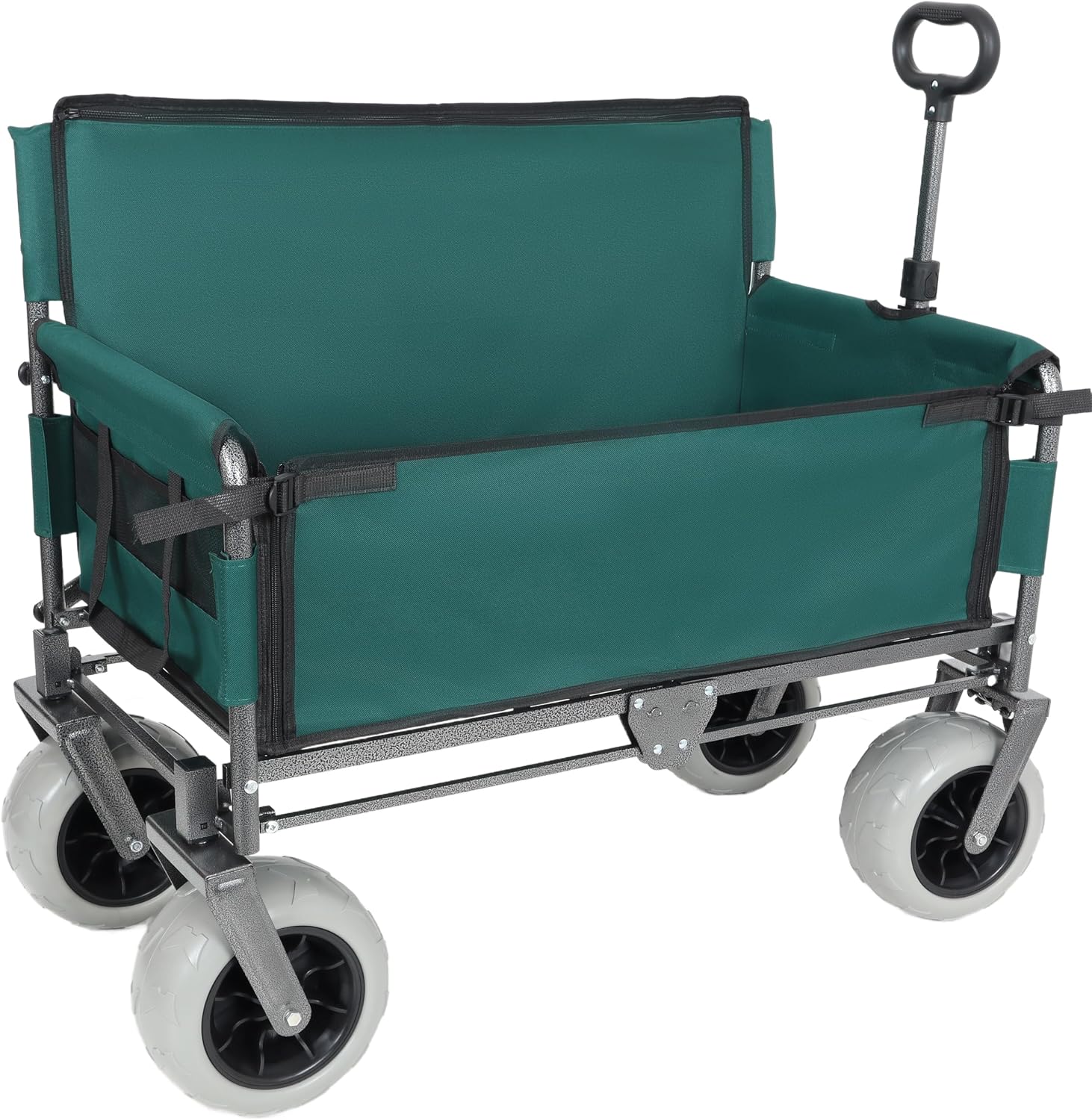 3-in-1 Convertible Folding Wagon Cart with Bench Seat & Storage-500lbs Capacity, 9'x4' Beach Tires for Camping & Beach (Green + Steel)