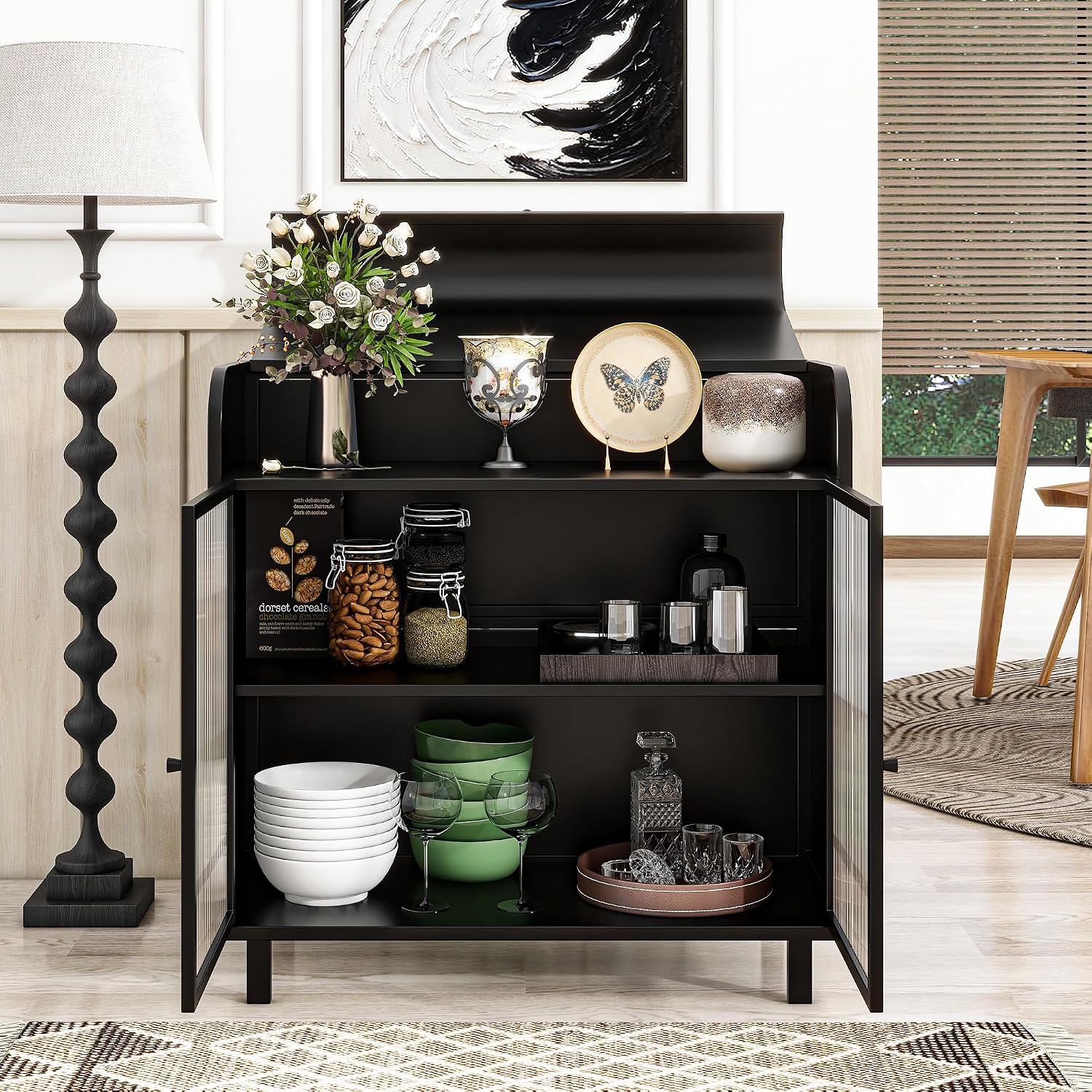 Metal Storage Cabinet Black with Glass Doors, Durable Metal Frame Storage with Tempered Glass Doors & Shelves Ideal for Dining Kitchen Living Room Entryway for Organized Space (Product L)