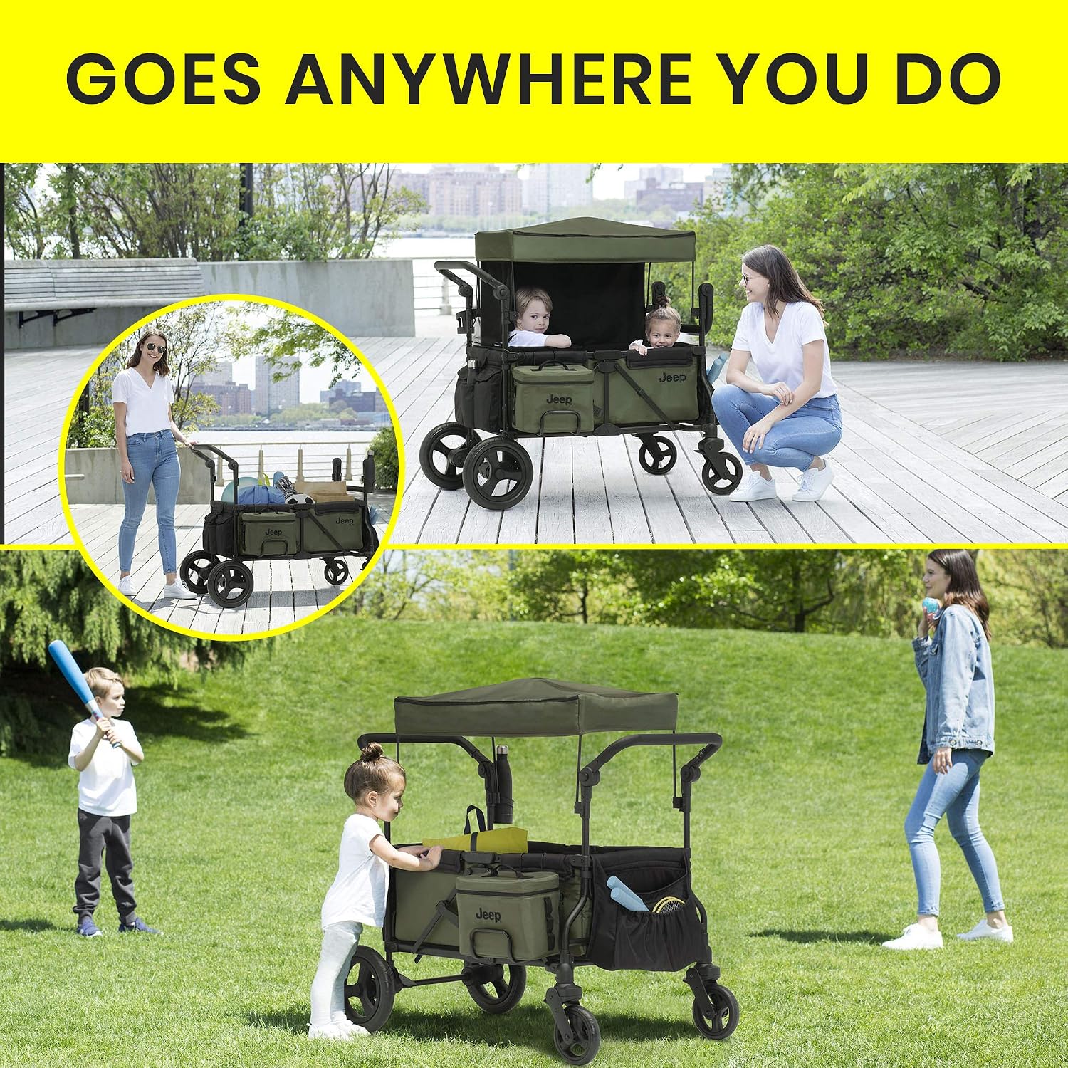 Jeep Deluxe Wrangler Stroller Wagon with Cooler Bag and Parent Organizer by Delta Children, Black/Green