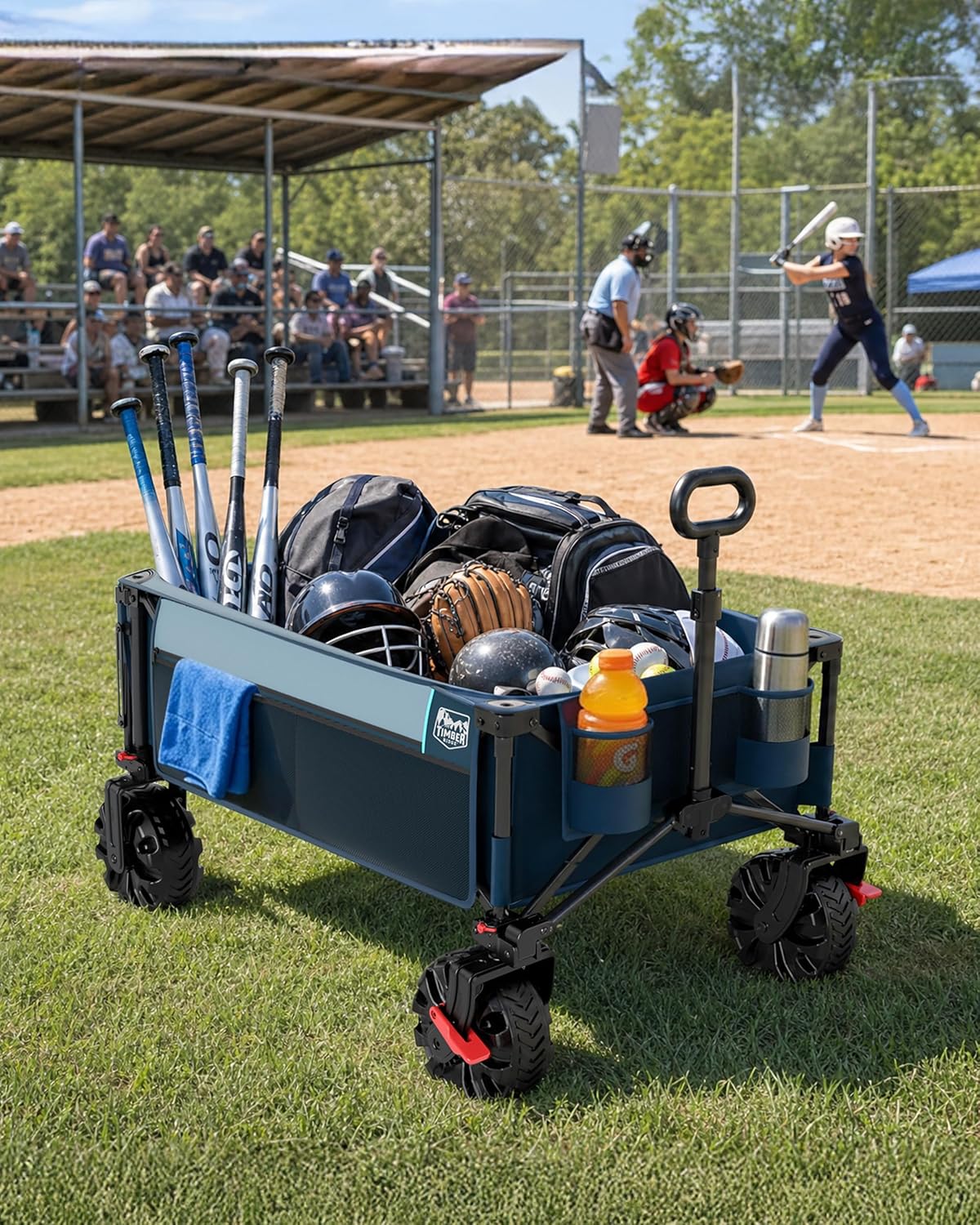 TIMBER RIDGE 600L Beast Wagon 26' W Extra Wide All Terrain Folding w/Big Wheels, Cargo Net & Tailgate, 26' W and 54.5' L, 400lbs Heavy Duty Collapsible Portable Cart for Camping, Sports, Dogs, Blue