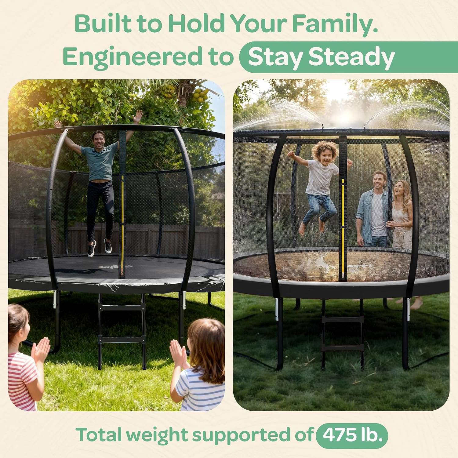 JoyBerri Trampoline Outdoor - Upsurge ASTM Certified Safe 8Ft 10Ft 12Ft 14Ft 15Ft 16Ft Recreational Trampoline for Kids and Adults. Anti-Rust Coating with Enclosure Net, Ladder, Sprinkler & LED Lights