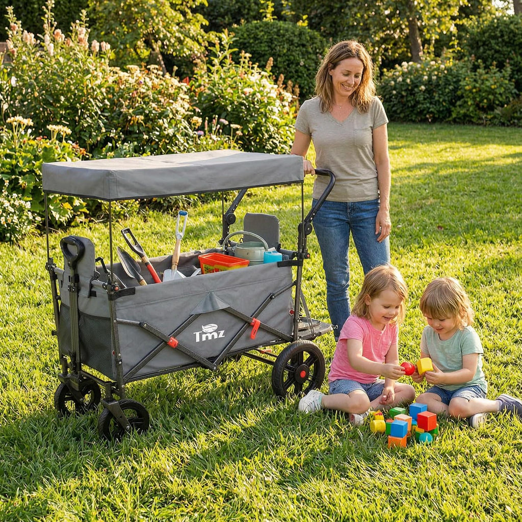 TMZ Collapsible Wagon with 2 Foldable Seats, Folding Cart with Removable Canopy, Heavy Duty Wagon 265LBS Load Capacity for Camping Garden Shopping (Grey)
