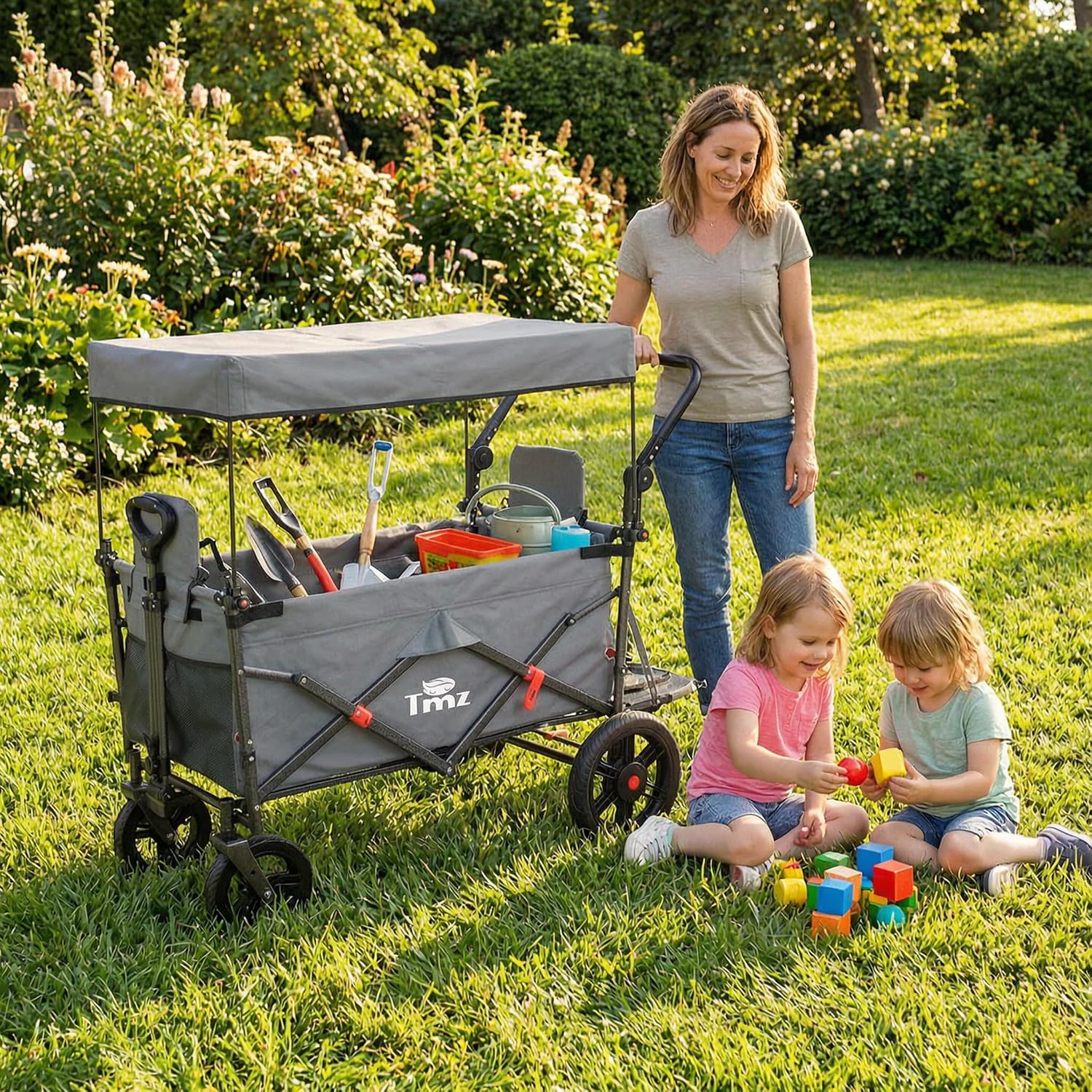 TMZ Collapsible Wagon with 2 Foldable Seats, Folding Cart with Removable Canopy, Heavy Duty Wagon 265LBS Load Capacity for Camping Garden Shopping (Grey)