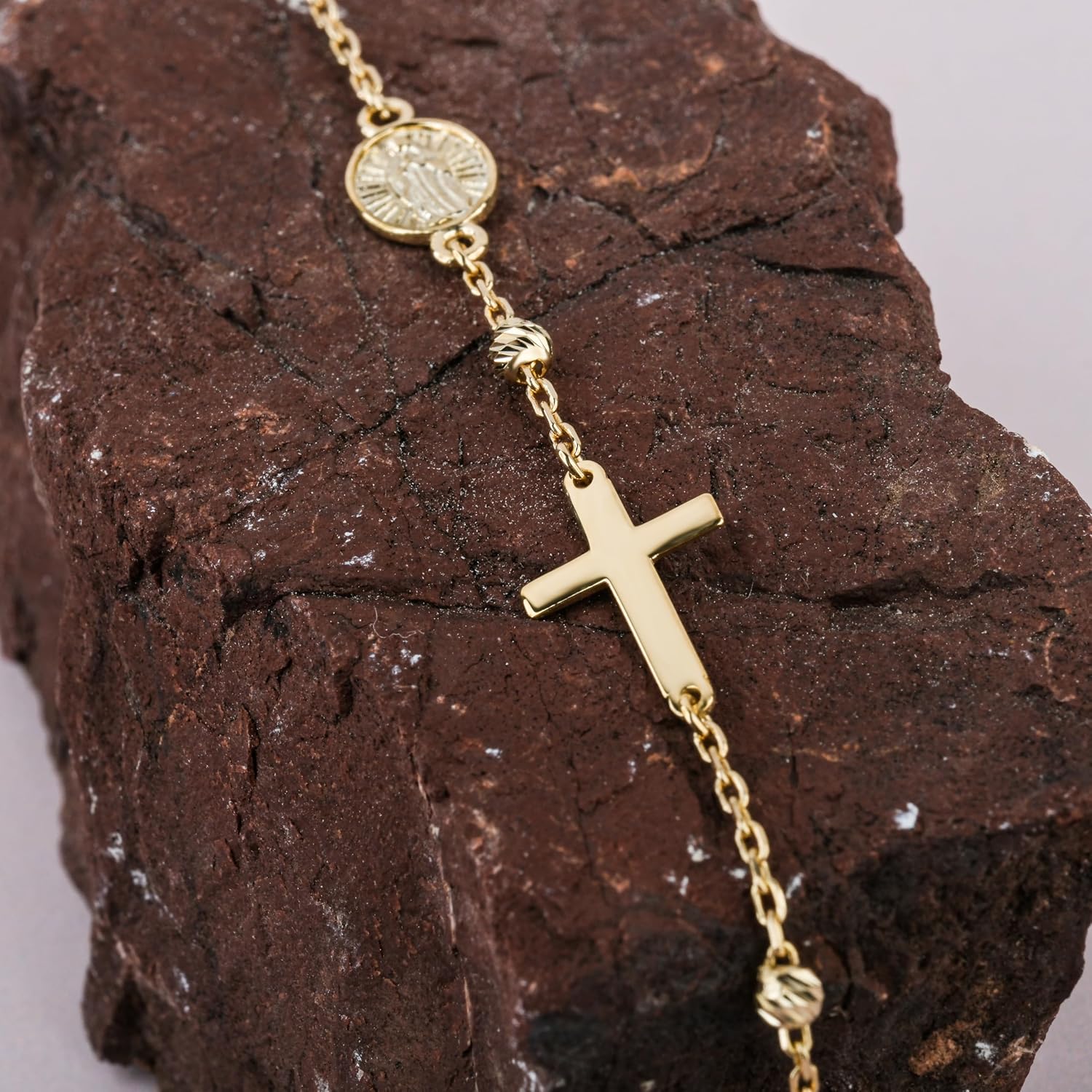 MIONZA 14K Solid Gold Rosary Sideways Cross Bracelet for Women, Adjustable Cross Bracelet, Religious Charm Catholic Jewelry, Christian Baptism Gift for Her