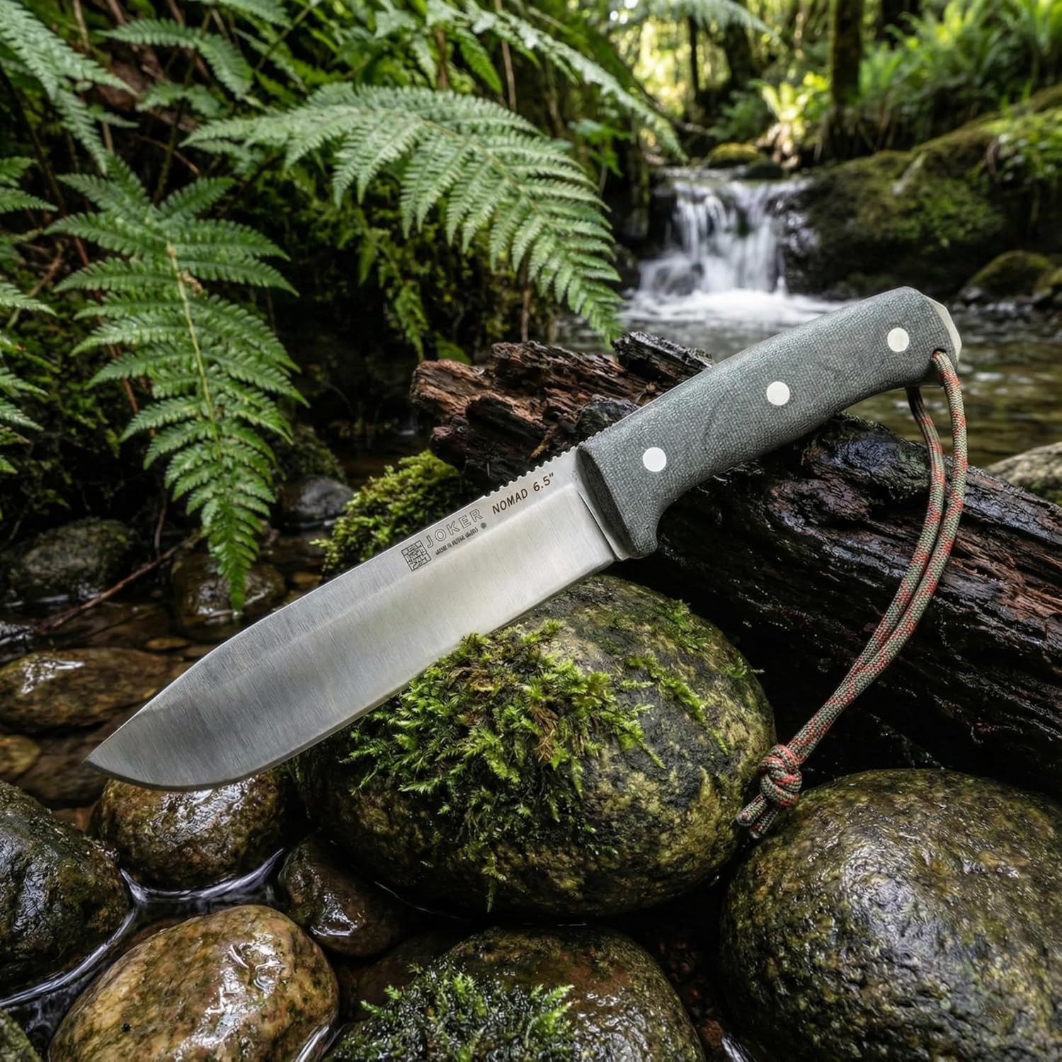 Joker Nomad 6.5 CV137 Survival Knife, 6.5 in Böhler N695 Steel Blade, Green Canvas Micarta Handle, Black Leather Sheath, Made in Spain, for survival kits, camp tasks, trail work and fishing trips