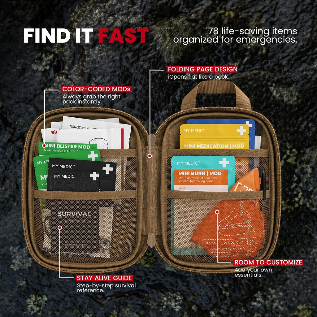 My Medic Sidekick Pro - Camping Hiking and Backpacking First Aid Kit - 70 Items with Tourniquet - HSA and FSA Eligible - Small Ifak Great for Travel or Motorcycle - Portable Emergency Kit – Coyote