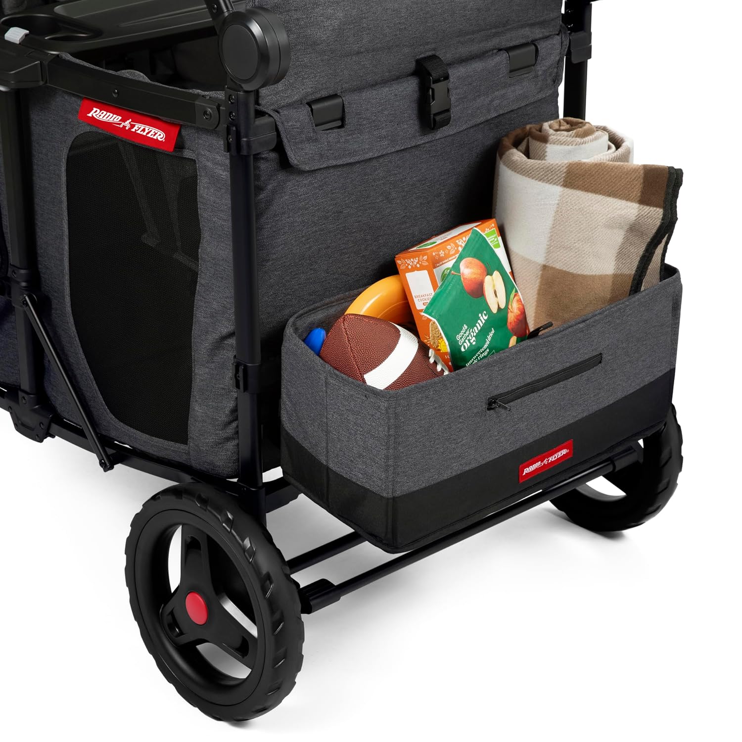 Radio Flyer Voya XT Quad Stroller Wagon, for Ages 6+ Months, Extra Tall Sides, Push or Pull, 4 Seats, Dual Sun Canopies, Compact Fold, Storage Space, 5-Point Harnesses, Stroller Wagon for Kids