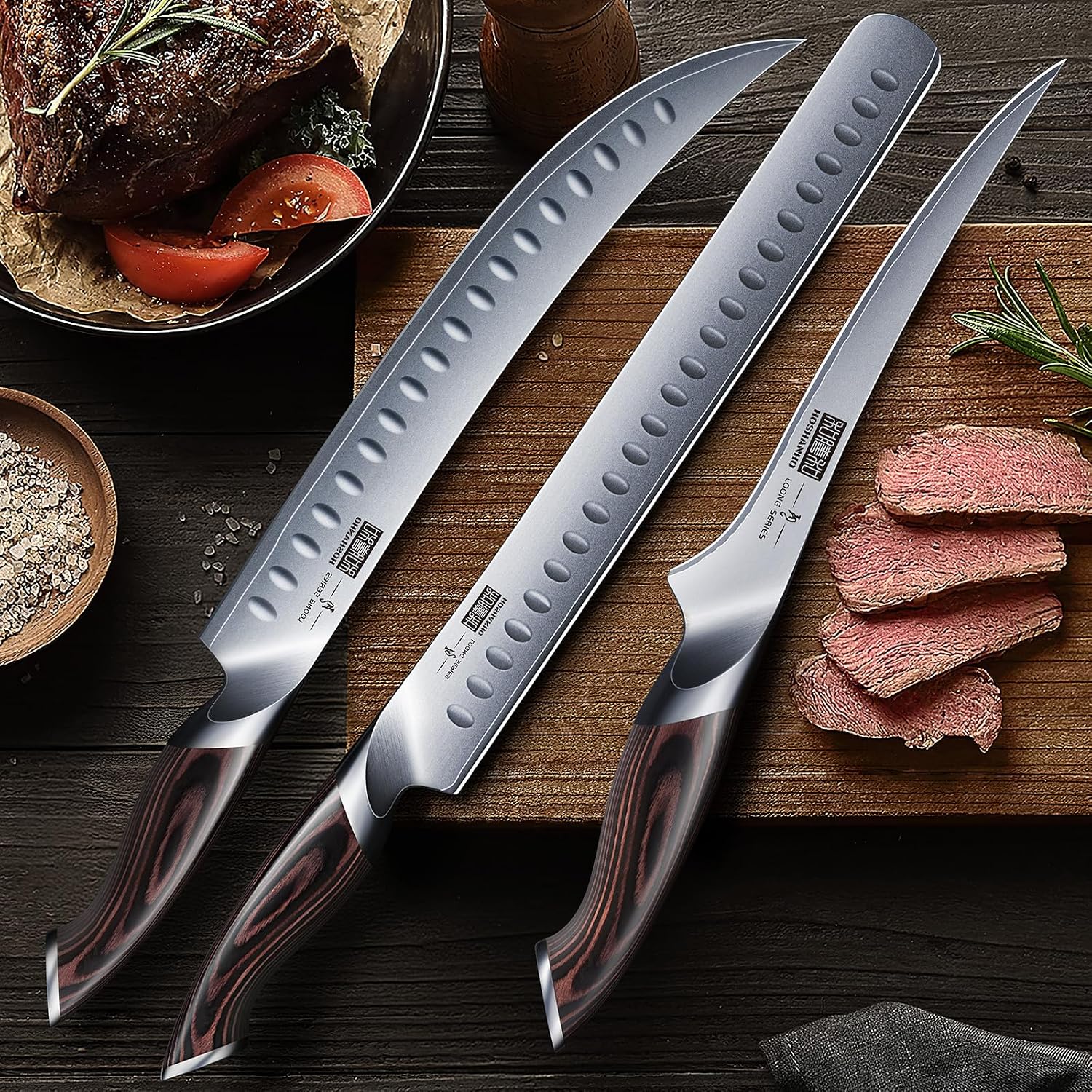HOSHANHO Carving Knife Set 3PCS, Japanese High Carbon Steel Brisket Slicing Knife Sets with Ergonomic Pakkawood Handle, Butcher Knife Breaking Knife Boning Knife for Meat Cutting