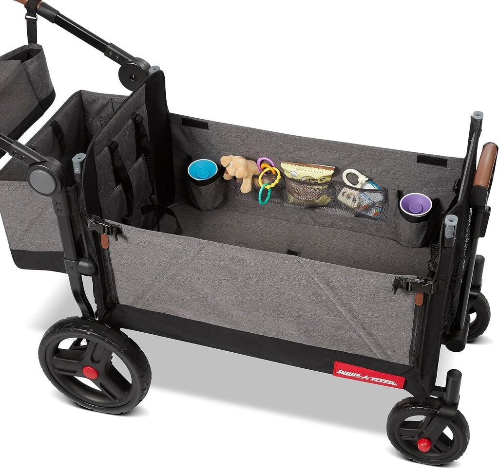 Radio Flyer Atlas Stroll 'N Wagon, Atlas Gray, for Ages 1+, 3-in-1 Push or Pull Versatility, One-Hand Fold, UV Canopy, 5-Point Harnesses, Storage Capabilities, Rubber Wheels, Stroller Wagon for Kids