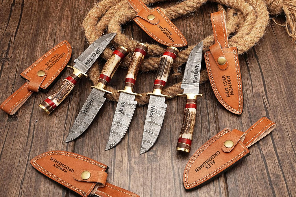 Set of 5 Handmade Personalized Damascus Knife set for Groomsmen gifts | Groomsman Gifts for Wedding, Groomsmen Proposal Gifts