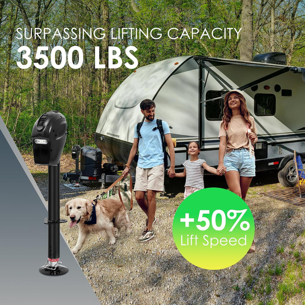 POLESTAR Electric Trailer Jack, 3500lbs Electric Power A- Frame Tongue Jack with Waterproof Protective Cover & LED Light for Travel Trailer Camper, RV, 12V DC with Hard Wiring, 9'-27' Lift