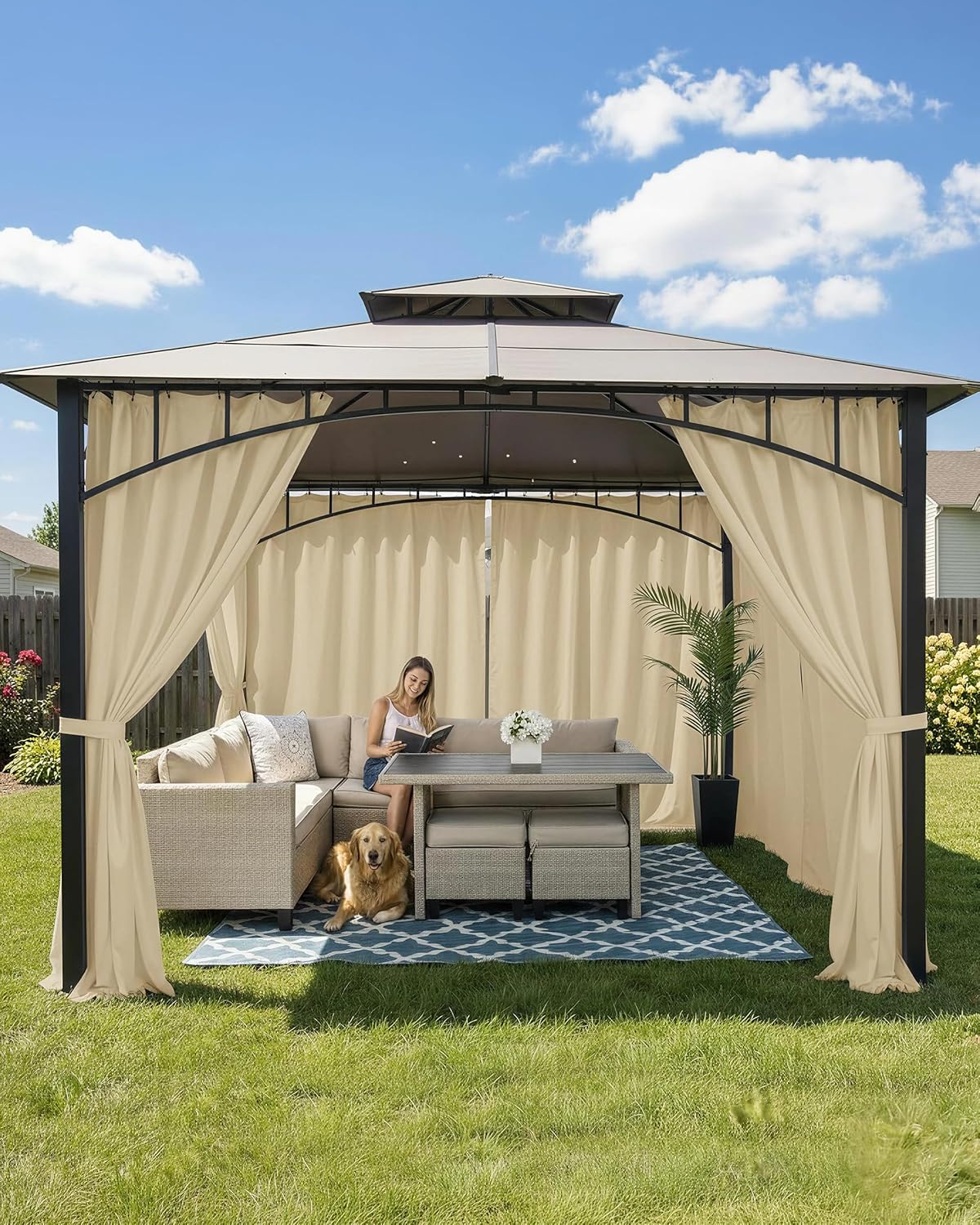 HolidayIdeas Outdoor Patio Curtains Waterproof with Rod Pocket 6 Panels 110x95 Inch- Weatherproof Balcony Outdoor Curtains for Apartments,Porch, Gazebo, Pergola, Sliding Glass Door, Cream