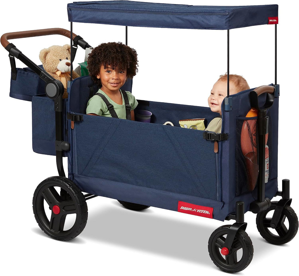 Radio Flyer Atlas Stroll 'N Wagon, Navy Blue, For Ages 1+, 3-in-1 Push or Pull Versatility, One-Hand Fold, UV Canopy, 5-Point Harnesses, Storage Capabilities, Rubber Wheels, Stroller Wagon for Kids