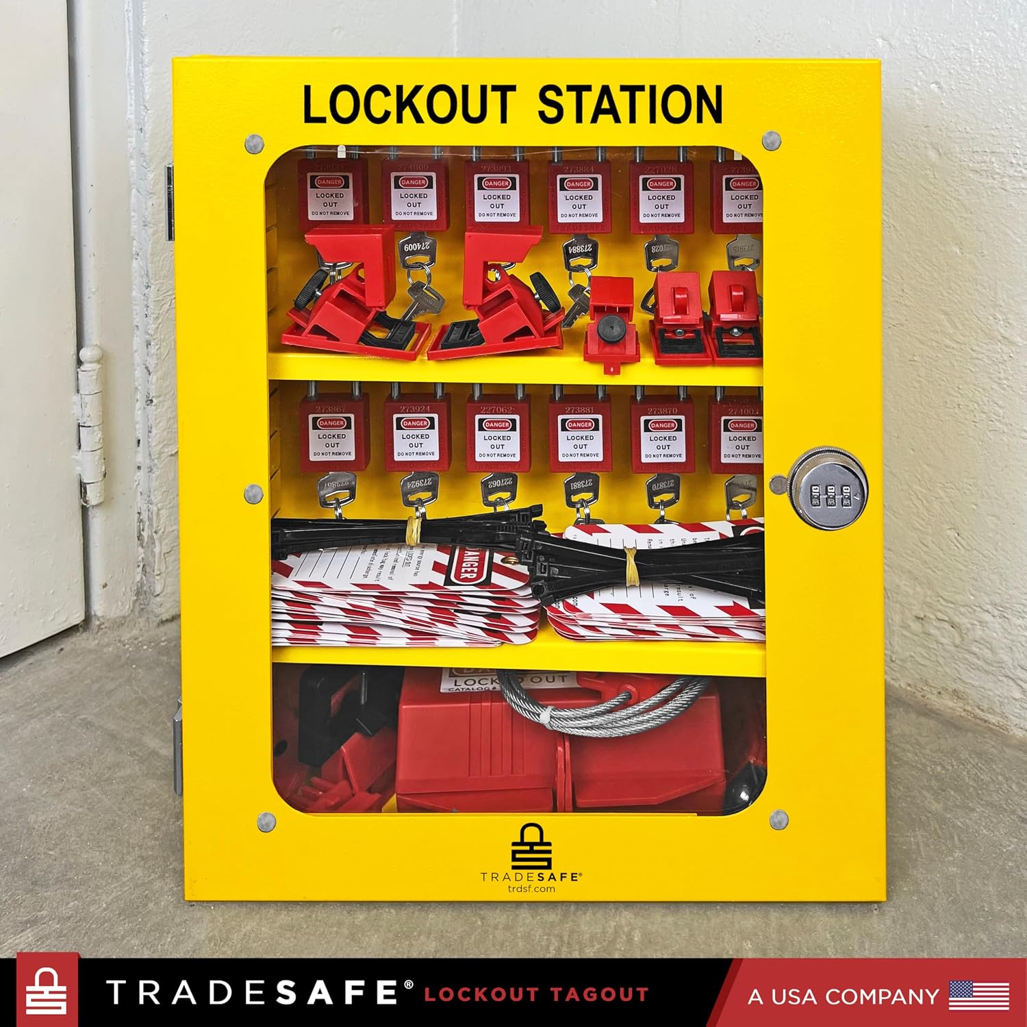 TRADESAFE Lockout Tagout Cabinet - 75 Pieces Loto Devices, Loto Locks, Lockout Hasp, Lock Out Tags, Circuit Breaker Lock, Cable Lock, Plug Lock, Lockout Tagout Station with Movable Shelf Partitions