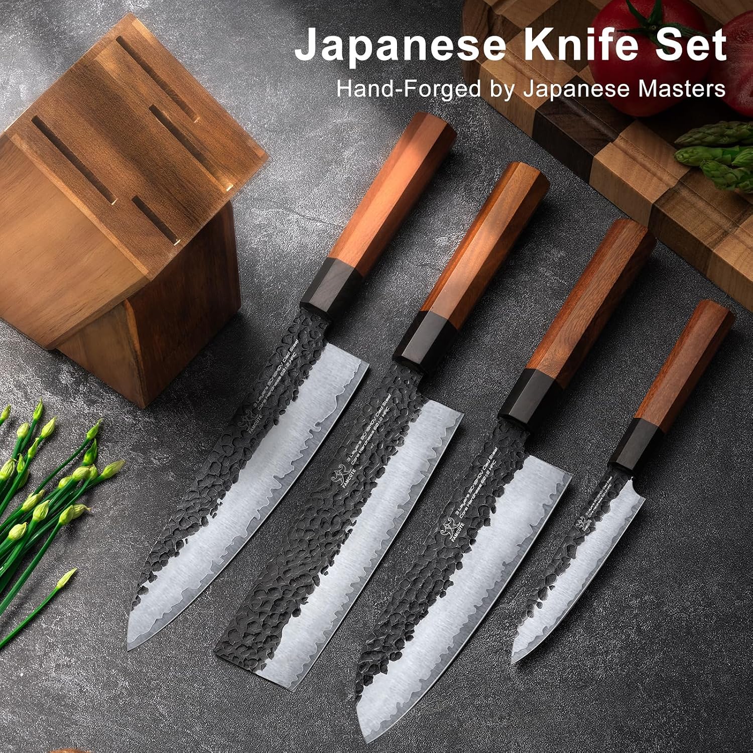 FAMCüTE Japanese Knife Block Set, Hand Forged 5-Layer 9CR18MOV Clad Steel Ultra Sharp Kitchen Knives with Wooden Storage & Rosewood Handle, Includes Chef, Santoku, Nakiri, Fruit Knife for Home Mom/Dad