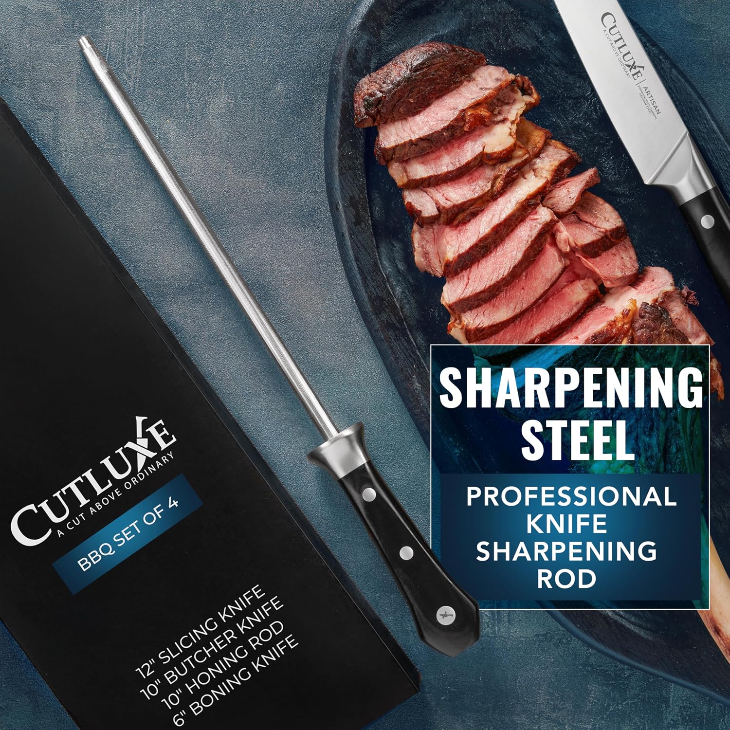 Cutluxe Butcher Knife Set – BBQ Brisket, Breaking and Boning Knives, Honing Rod – Carving Knife Set for Meat Cutting, Ultra Sharp German Steel, Full Tang, Ergonomic Handles – Artisan Series