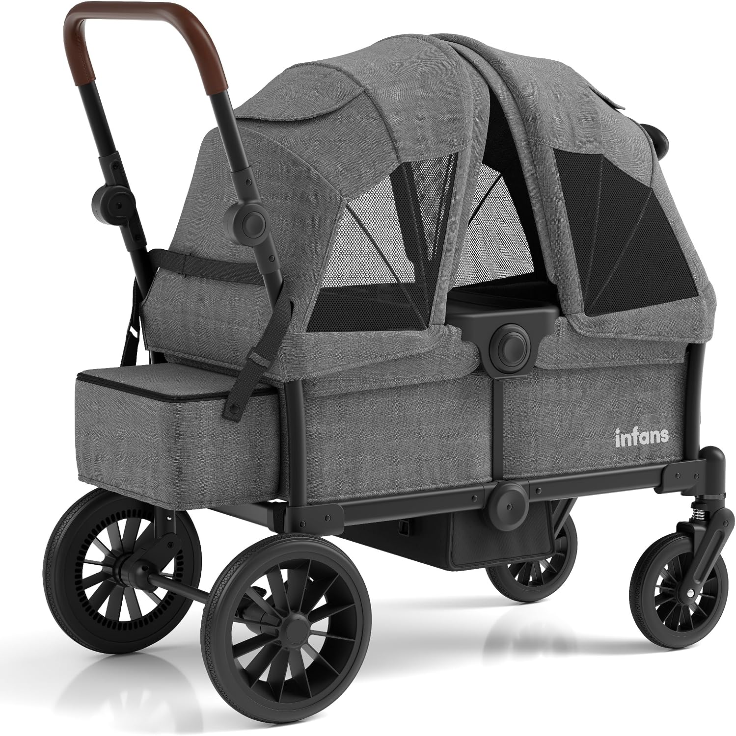 INFANS Wagon Stroller for 2 Kids, Collapsible Adjustable Push Pull Handle Bar, 2 Seater Stroller Wagon with Removable Canopy Snack Tray, Comfortable Drop-Down footwell and Upholstered Seats