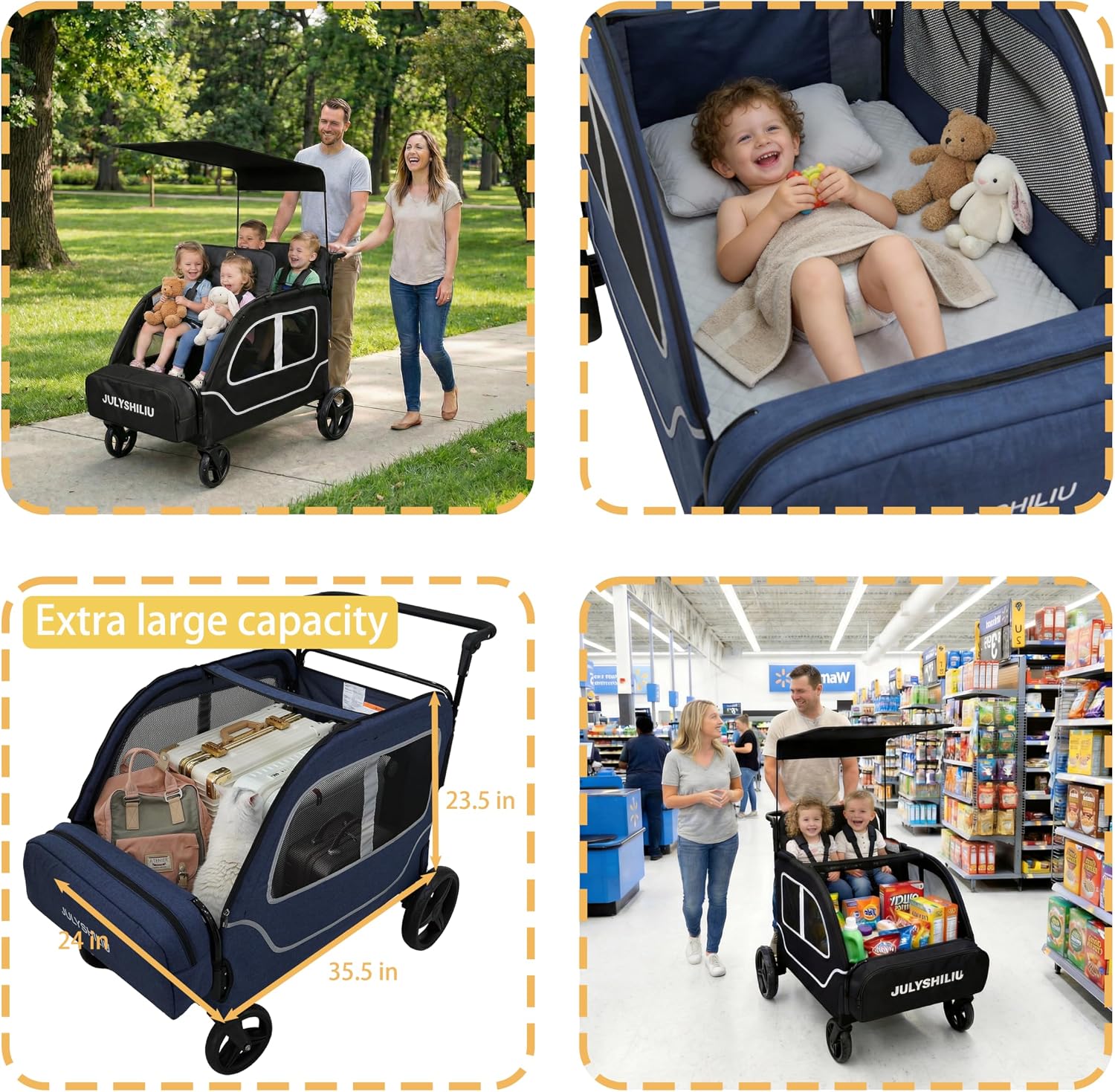 Car-Shaped Large 4 Seater Stroller Wagon for 2 3 Kids Toddler Child Foldable All-Terrain Triple Quad Wagon with Removable Canopy, 5-Point Harness, Storage Bag Shopping Outdoor Blue