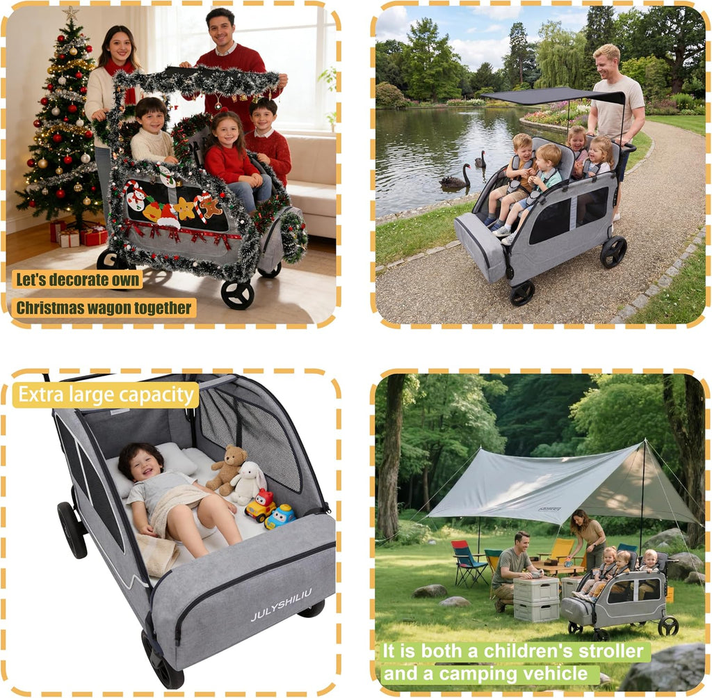 Car-Shaped Large 4 Seater Stroller Wagon for 2 3 Kids Toddler Child Foldable All-Terrain Triple Quad Wagon with Removable Canopy, 5-Point Harness, Storage Bag Shopping Outdoor Light Grey