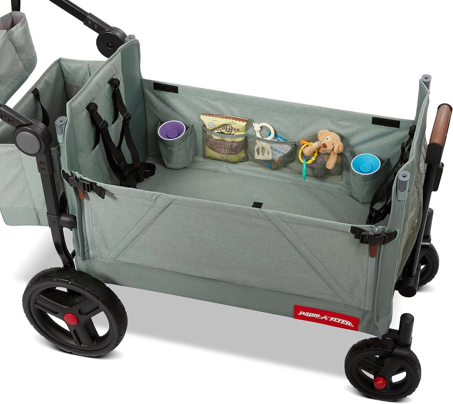 Radio Flyer Atlas Stroll 'N Wagon, Sage Green, for Ages 1+, 3-in-1 Push or Pull Versatility, One-Hand Fold, UV Canopy, 5-Point Harnesses, Storage Capabilities, Rubber Wheels, Stroller Wagon for Kids