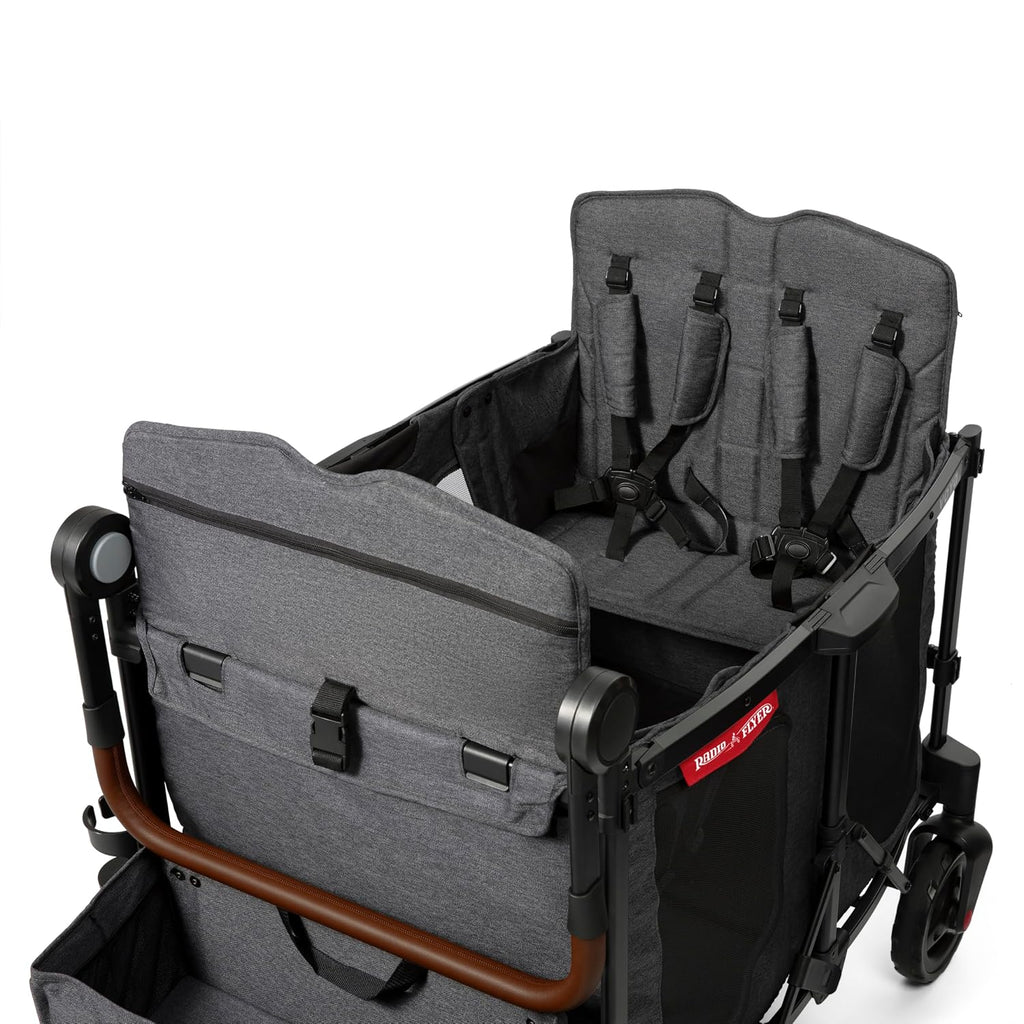 Radio Flyer Voya XT Quad Stroller Wagon, for Ages 6+ Months, Extra Tall Sides, Push or Pull, 4 Seats, Dual Sun Canopies, Compact Fold, Storage Space, 5-Point Harnesses, Stroller Wagon for Kids