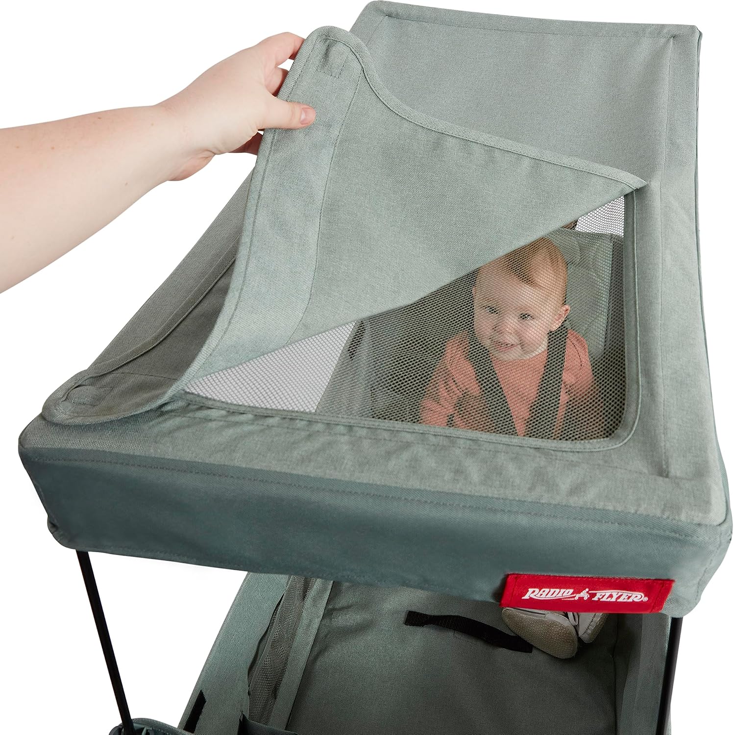 Radio Flyer Atlas Stroll 'N Wagon, Sage Green, for Ages 1+, 3-in-1 Push or Pull Versatility, One-Hand Fold, UV Canopy, 5-Point Harnesses, Storage Capabilities, Rubber Wheels, Stroller Wagon for Kids