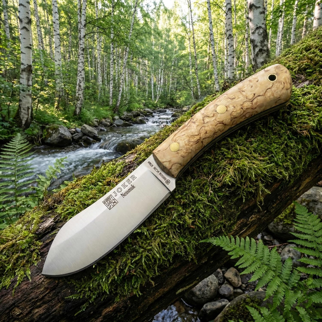 Joker Nessmuk CL136 Bushcraft Knife, 4.33 in Sandvik 14C28N Stainless Steel Flat Grind Blade, Curly Birch Handle and Brown Leather Sheath, for Bushcraft, Camping, Hiking and Field Tasks