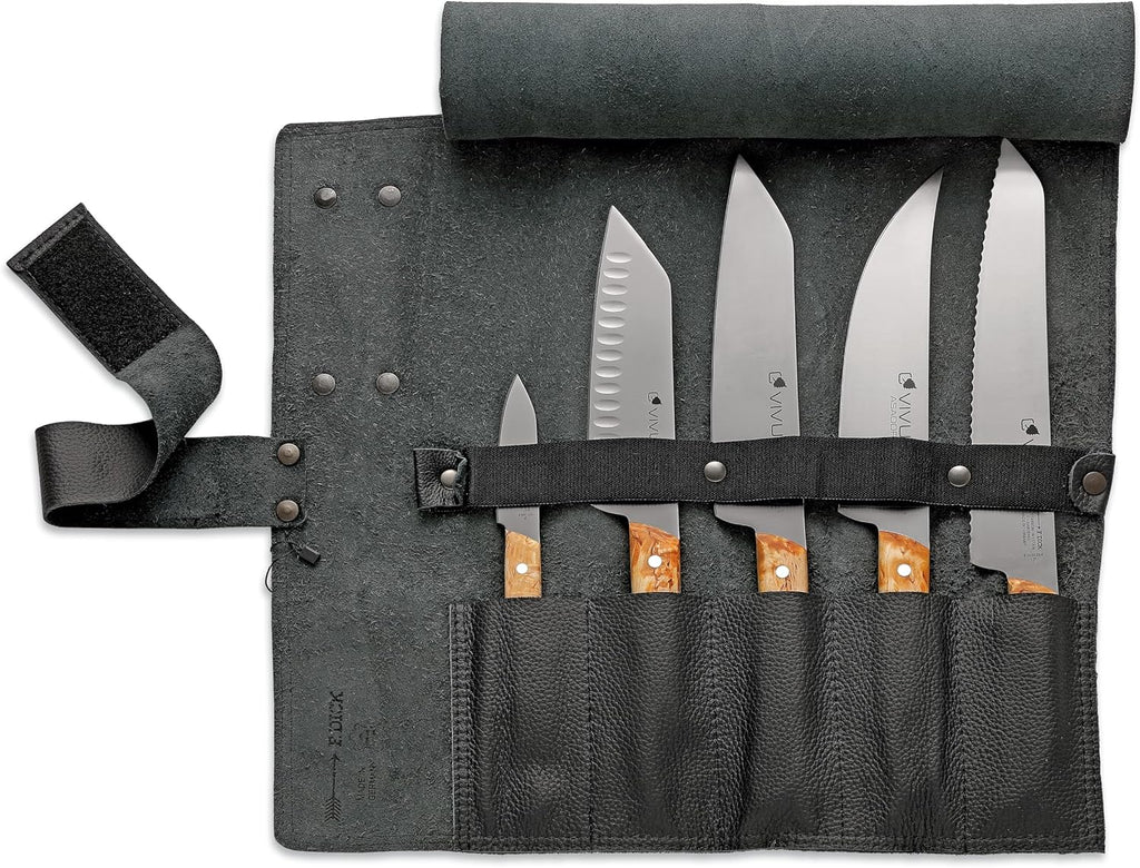 F. DICK Vivum 83668000-01 Leather Roll Bag (5 Pieces, Small Office Knife, Santoku with Scallop Edge, Classic Chef's Knife, BBQ Knife ASADOR, Bread Knife) Brown