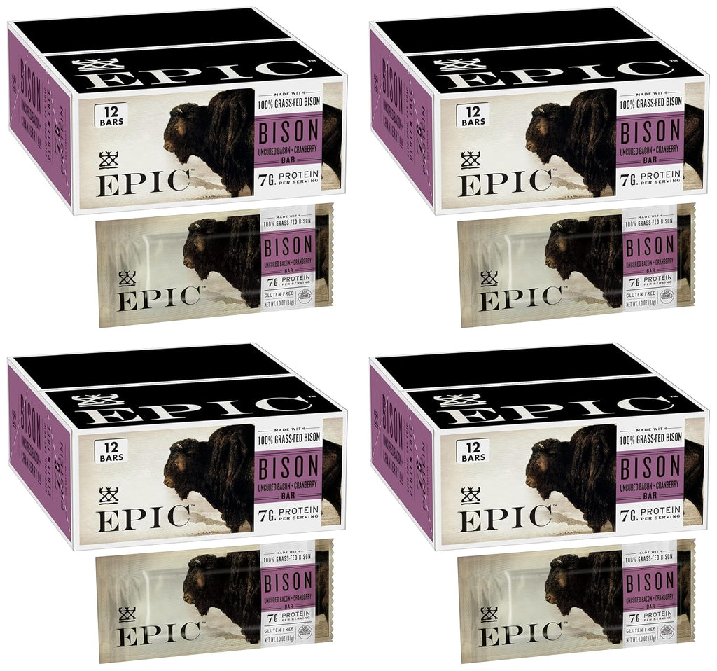 EPIC Bison Uncured Bacon and Cranberry Bars, Grass-Fed, Protein Bar, 12 Ct, 15.6 oz (Pack of 4)