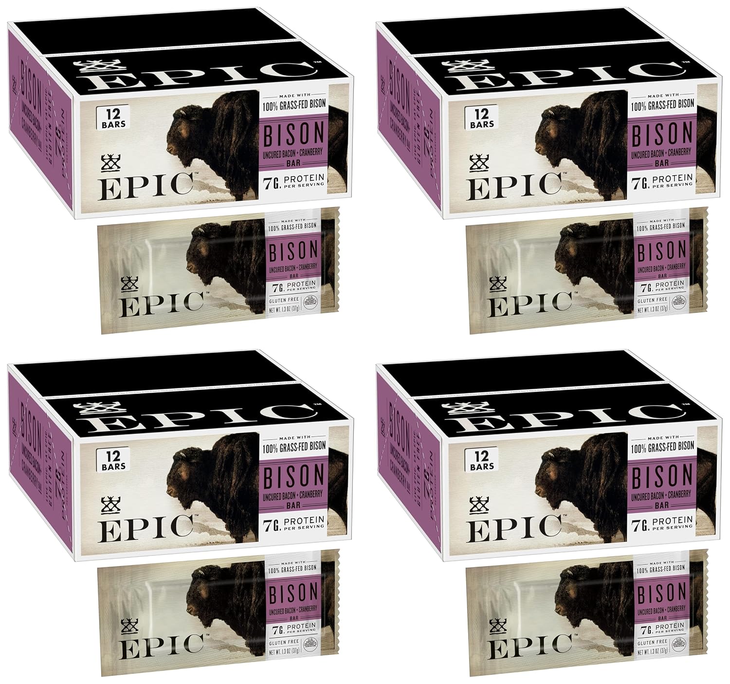 EPIC Bison Uncured Bacon and Cranberry Bars, Grass-Fed, Protein Bar, 12 Ct, 15.6 oz (Pack of 4)