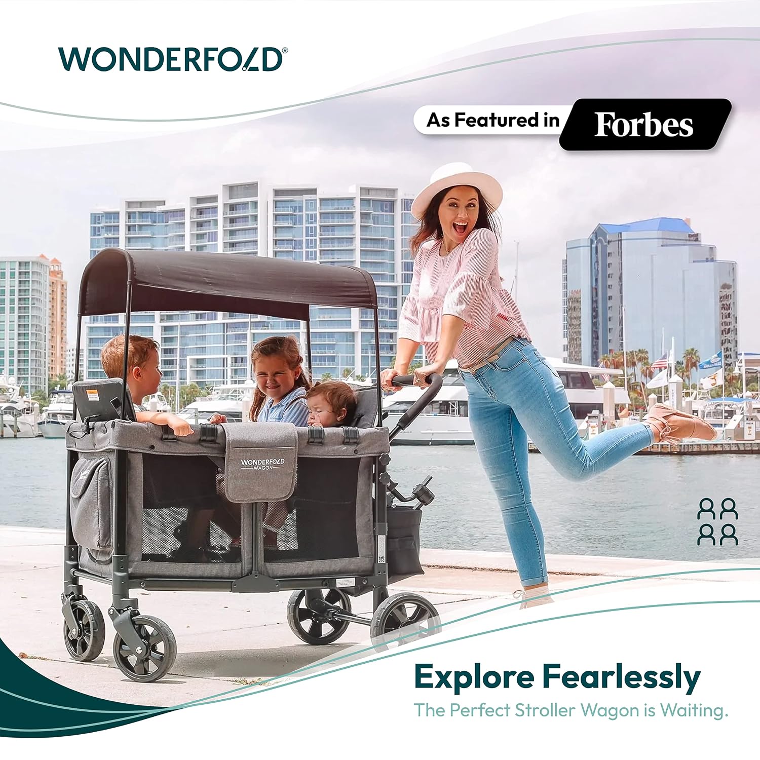 WonderFold W4 Original Stroller Wagon - Foldable Wagon with 5 Point Harness - Adjustable Canopy & Deep Carriage - All-Terrain Wheels - for Babies, Toddlers & Kids - 4 Seater - Black
