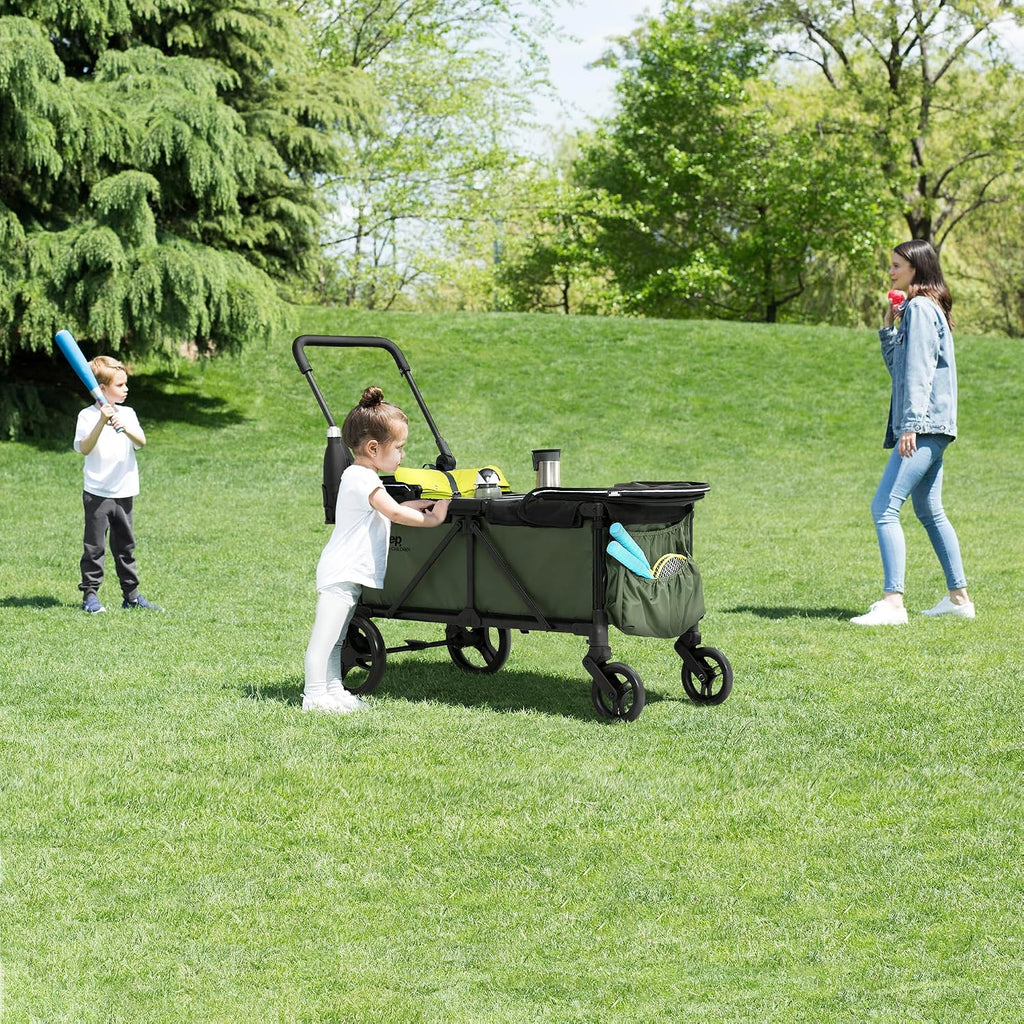 Jeep Sport Stroller Wagon by Delta Children, Black/Green | Stroller Wagon with 2 Canopies, Parent Organizer, Cup Holders, Adjustable Handlebar and Child Snack Tray