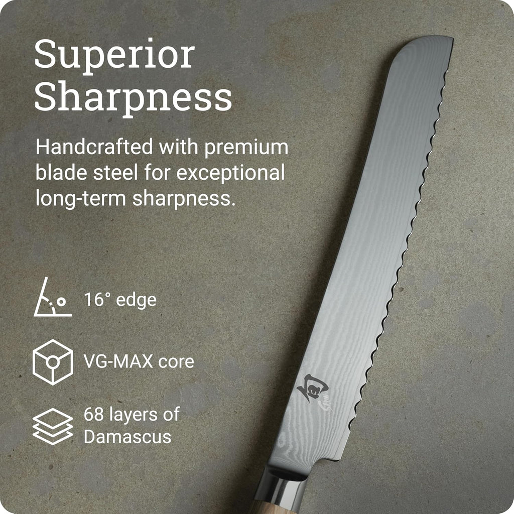 Shun Classic Blonde 9' Bread Knife, Handcrafted Japanese Serrated Knife, VG-MAX Core with Damascus Stainless Steel Cladding, Pakkawood Handle, Slicing Tool for Professional and Home Chefs