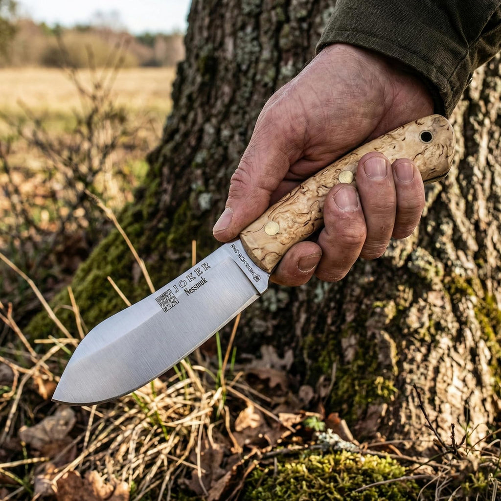 Joker Nessmuk CL136 Bushcraft Knife, 4.33 in Sandvik 14C28N Stainless Steel Flat Grind Blade, Curly Birch Handle and Brown Leather Sheath, for Bushcraft, Camping, Hiking and Field Tasks