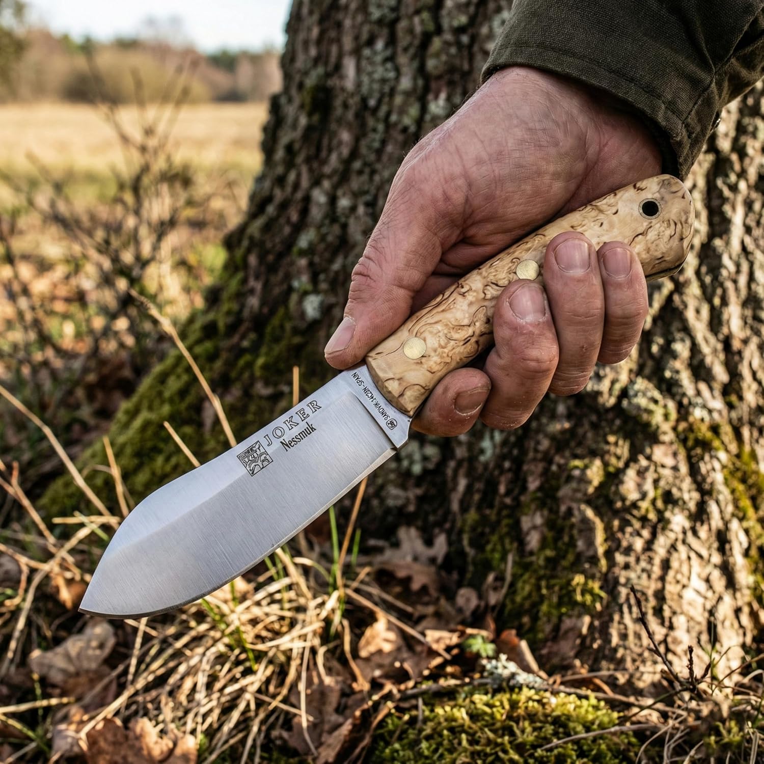 Joker Nessmuk CL136 Bushcraft Knife, 4.33 in Sandvik 14C28N Stainless Steel Flat Grind Blade, Curly Birch Handle and Brown Leather Sheath, for Bushcraft, Camping, Hiking and Field Tasks
