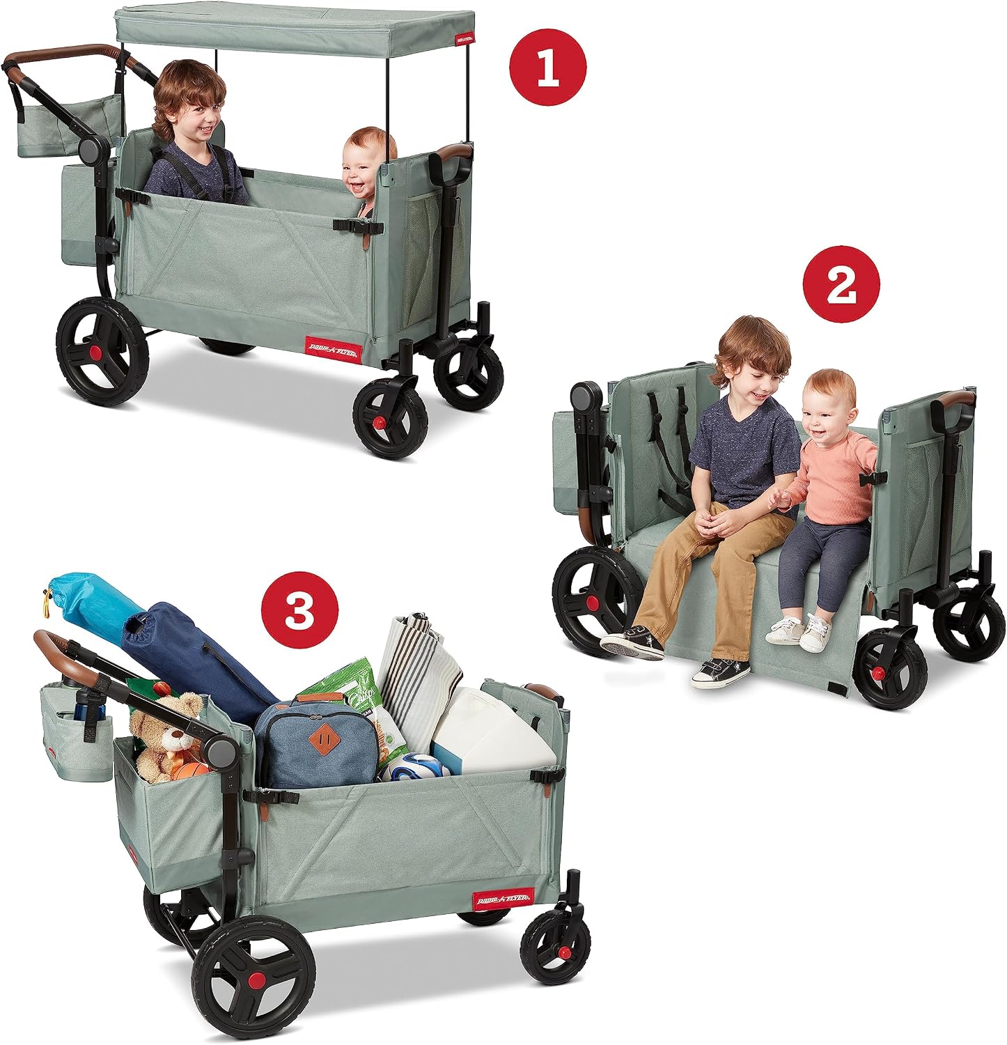 Radio Flyer Atlas Stroll 'N Wagon, Sage Green, for Ages 1+, 3-in-1 Push or Pull Versatility, One-Hand Fold, UV Canopy, 5-Point Harnesses, Storage Capabilities, Rubber Wheels, Stroller Wagon for Kids