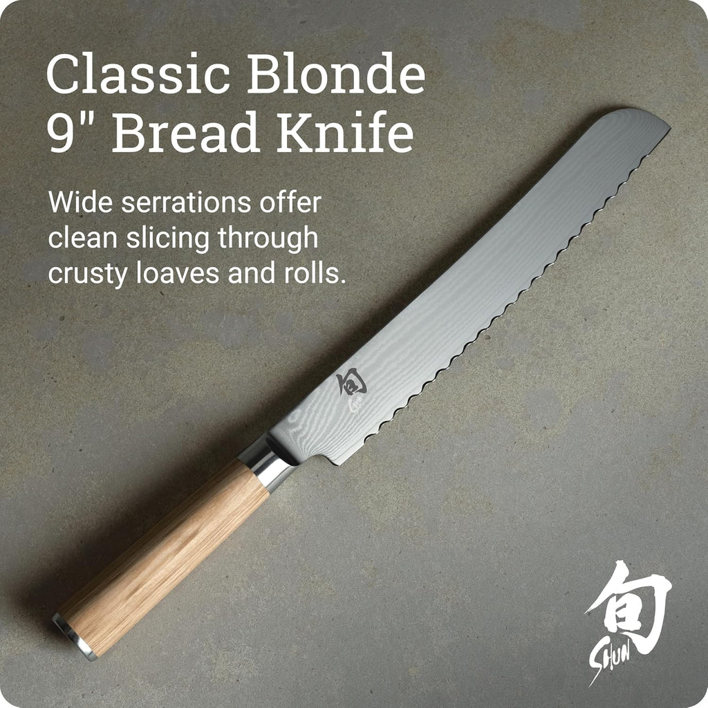 Shun Classic Blonde 9' Bread Knife, Handcrafted Japanese Serrated Knife, VG-MAX Core with Damascus Stainless Steel Cladding, Pakkawood Handle, Slicing Tool for Professional and Home Chefs