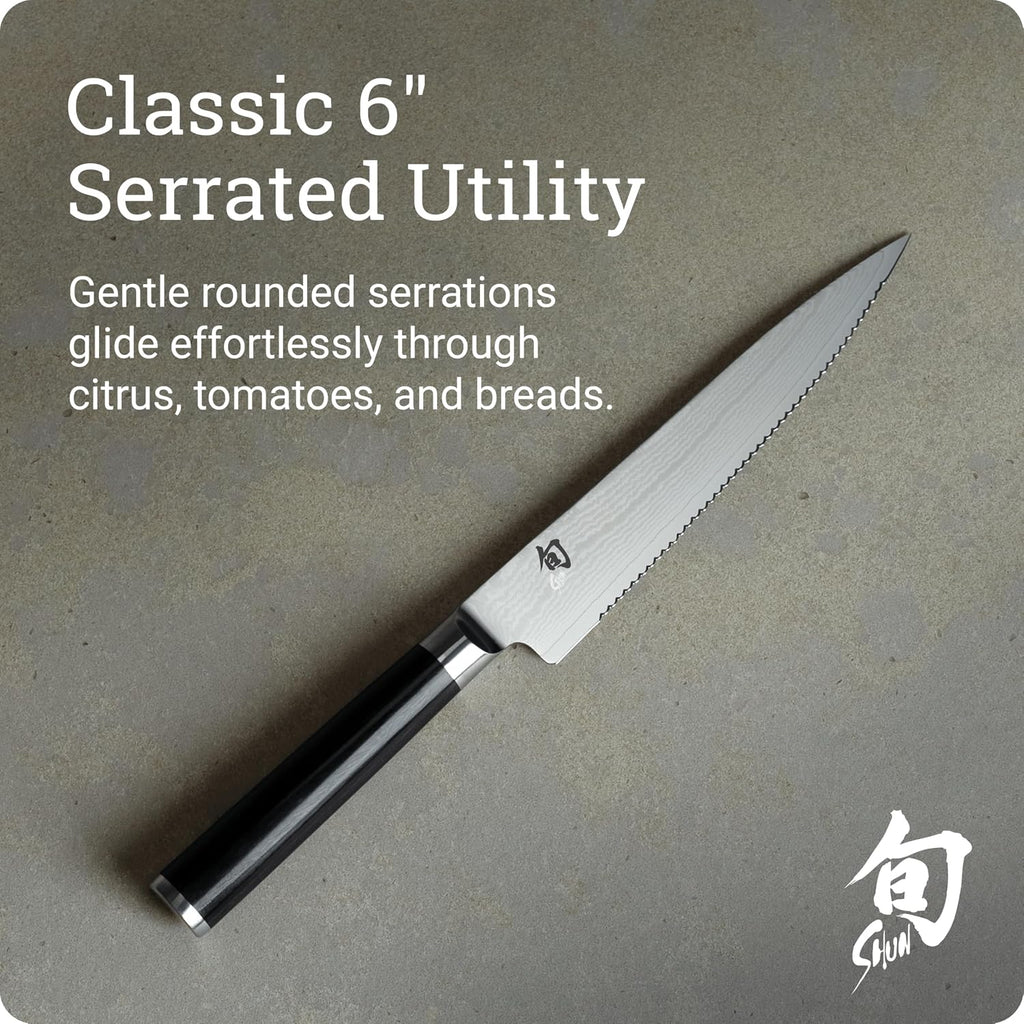 Shun Classic 6' Serrated Utility Knife, Handcrafted Japanese Knife, VG-MAX Core with Damascus Stainless Steel Cladding, Pakkawood Handle, Precision and Sharpness for Professional and Home Chefs