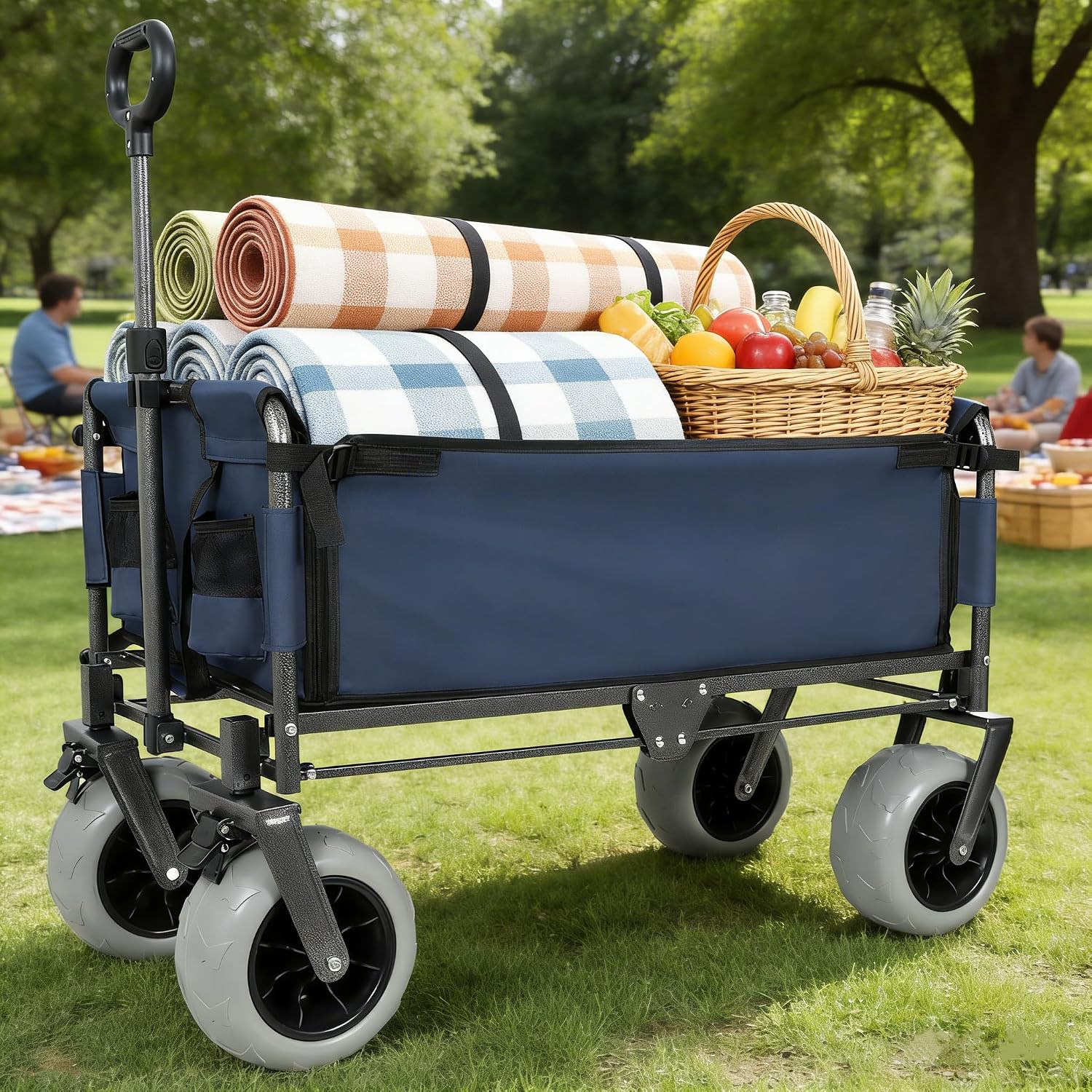 ZeHuoGe 3-in-1 Folding Wagon with Bench Seat – 500lbs Capacity, 9'x4' Beach Tires for Camping & Beach (Dark Blue)