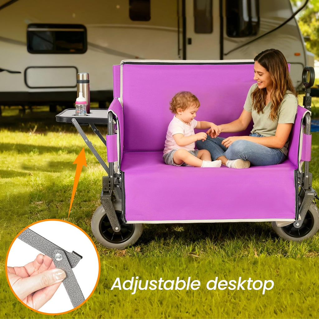 3-in-1 Heavy-Duty Folding Wagon with Bench Seat & Rear-Mounted Folding Tabletop – 500lbs Capacity, All-Terrain Beach Tires for Camping, Picnics, Outdoor Events (Purple)
