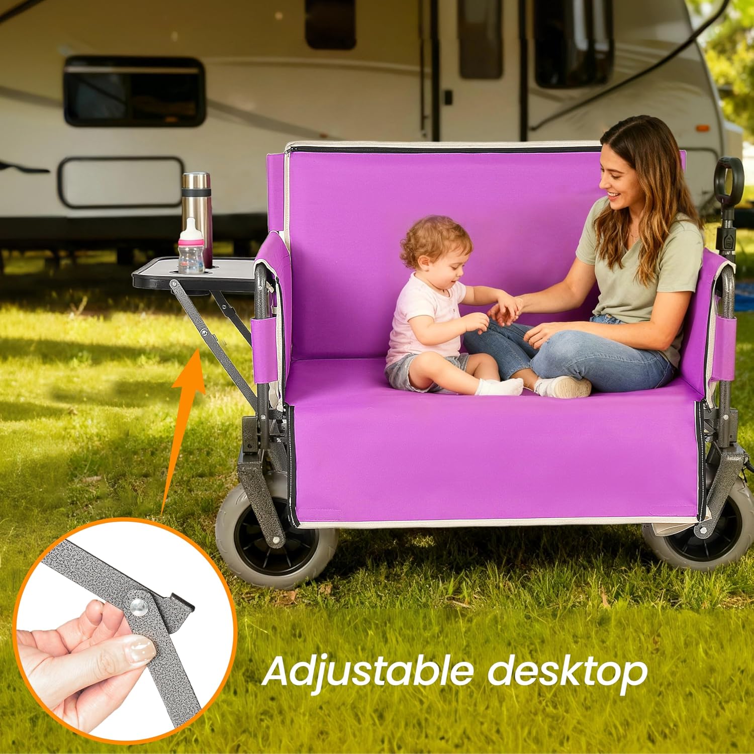 3-in-1 Heavy-Duty Folding Wagon with Bench Seat & Rear-Mounted Folding Tabletop – 500lbs Capacity, All-Terrain Beach Tires for Camping, Picnics, Outdoor Events (Purple)