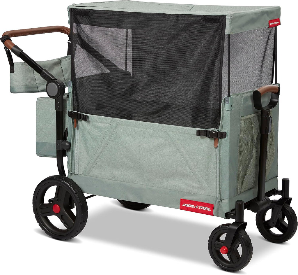 Radio Flyer Atlas Stroll 'N Wagon, Sage Green, for Ages 1+, 3-in-1 Push or Pull Versatility, One-Hand Fold, UV Canopy, 5-Point Harnesses, Storage Capabilities, Rubber Wheels, Stroller Wagon for Kids
