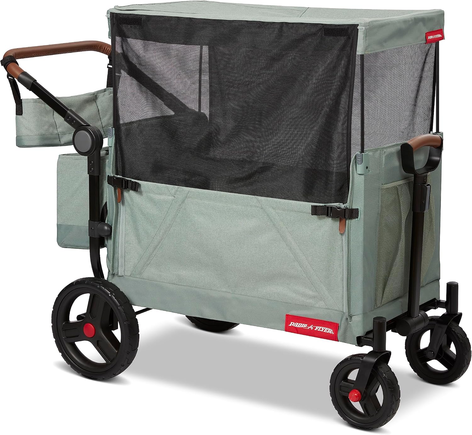Radio Flyer Atlas Stroll 'N Wagon, Sage Green, for Ages 1+, 3-in-1 Push or Pull Versatility, One-Hand Fold, UV Canopy, 5-Point Harnesses, Storage Capabilities, Rubber Wheels, Stroller Wagon for Kids