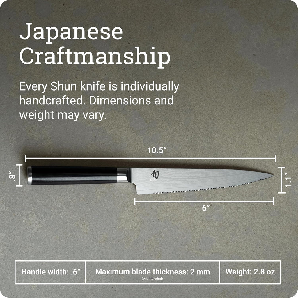 Shun Classic 6' Serrated Utility Knife, Handcrafted Japanese Knife, VG-MAX Core with Damascus Stainless Steel Cladding, Pakkawood Handle, Precision and Sharpness for Professional and Home Chefs